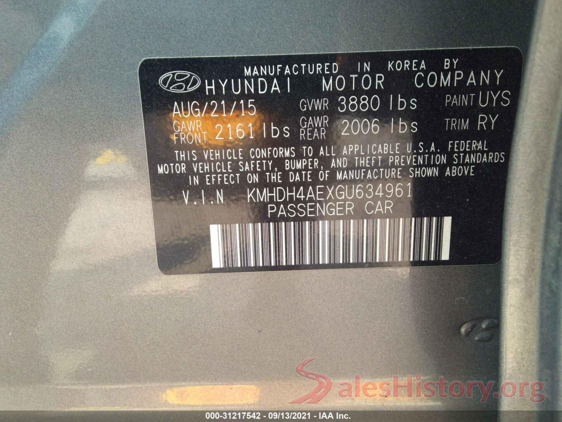 KMHDH4AEXGU634961 2016 HYUNDAI ELANTRA