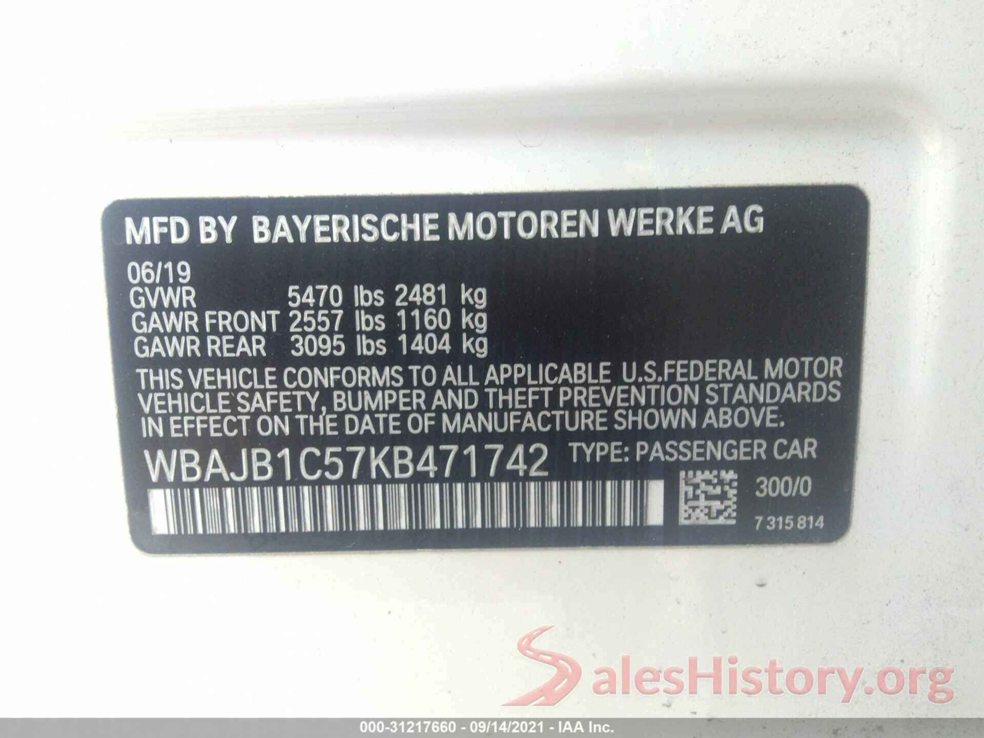 WBAJB1C57KB471742 2019 BMW 5 SERIES