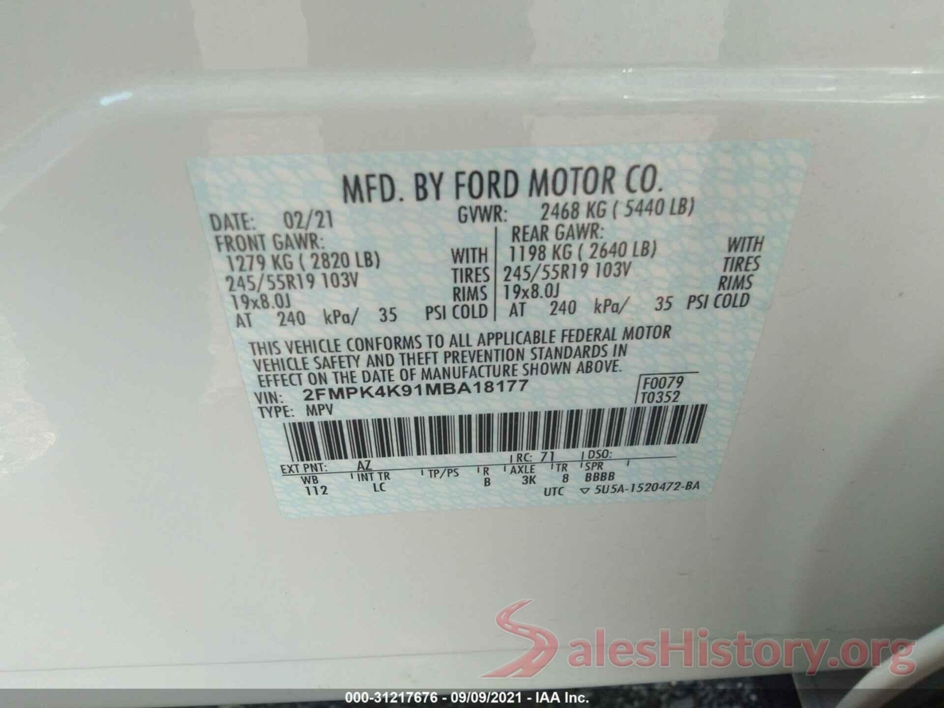 2FMPK4K91MBA18177 2021 FORD EDGE