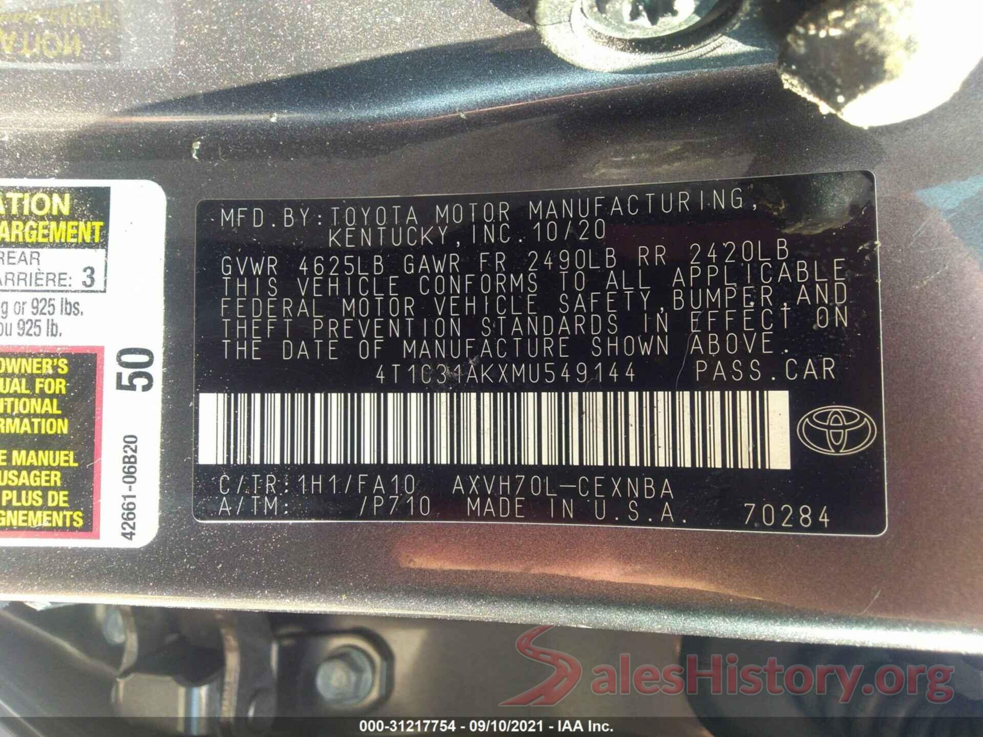 4T1C31AKXMU549144 2021 TOYOTA CAMRY