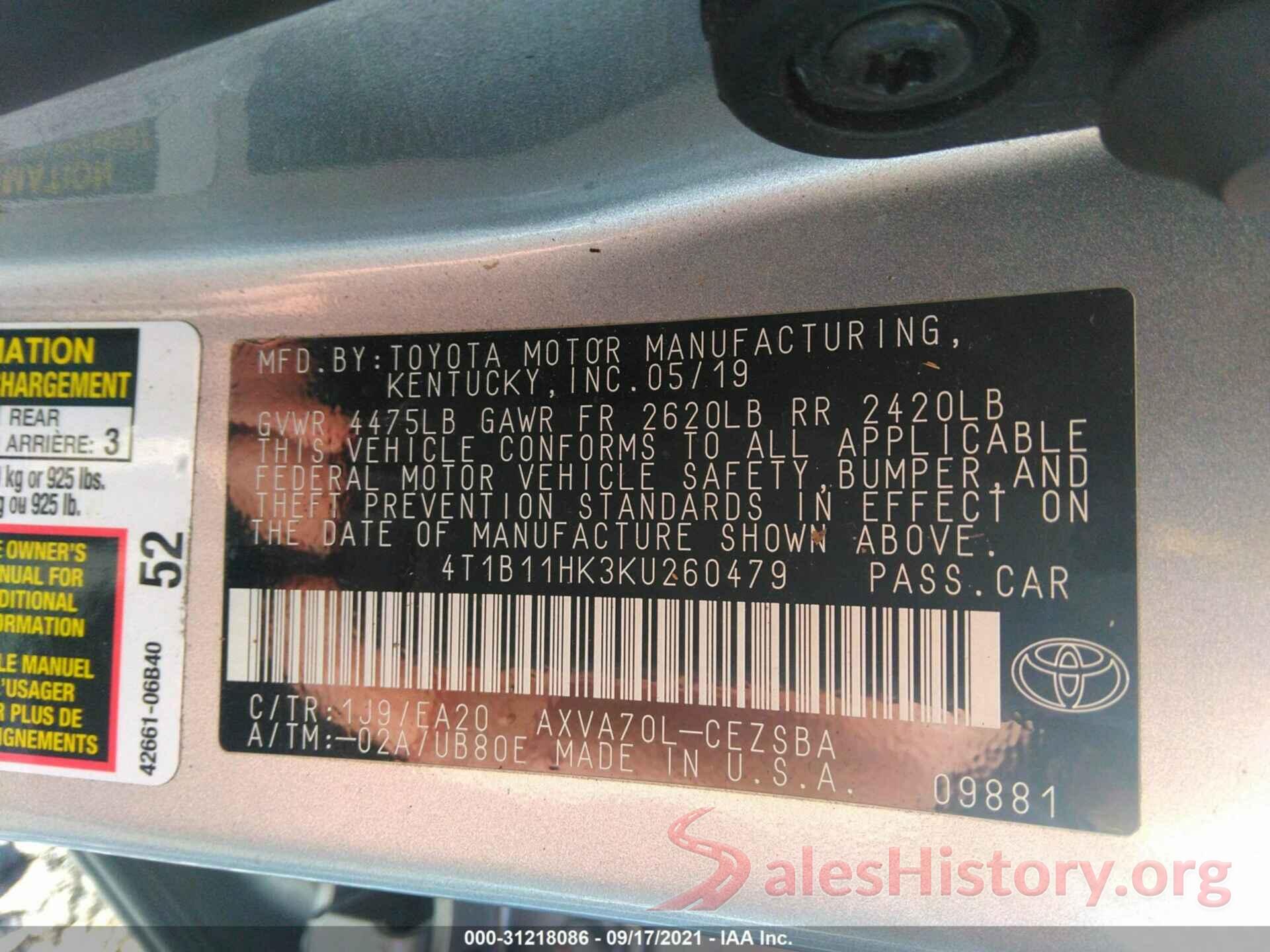 4T1B11HK3KU260479 2019 TOYOTA CAMRY