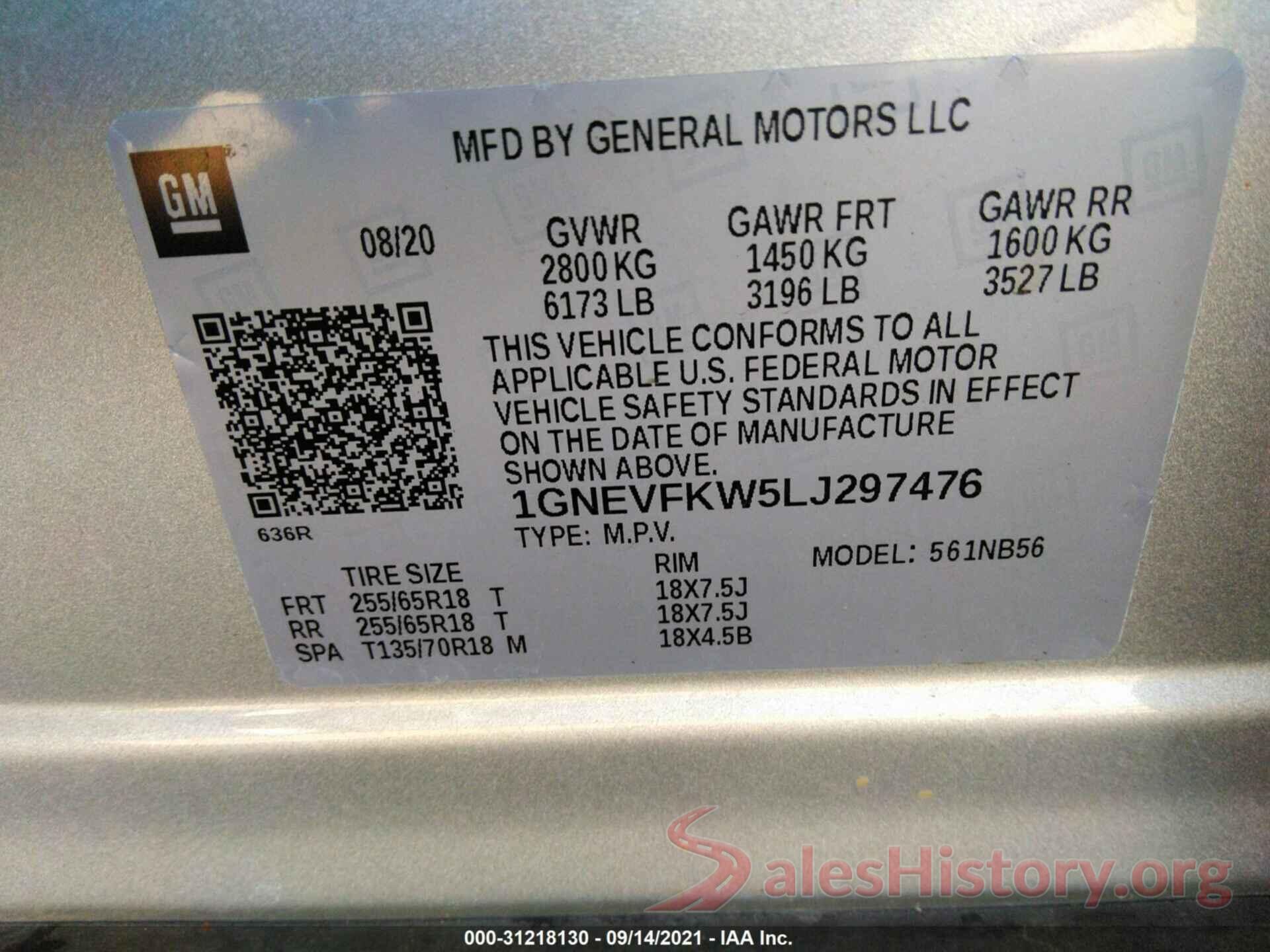 1GNEVFKW5LJ297476 2020 CHEVROLET TRAVERSE