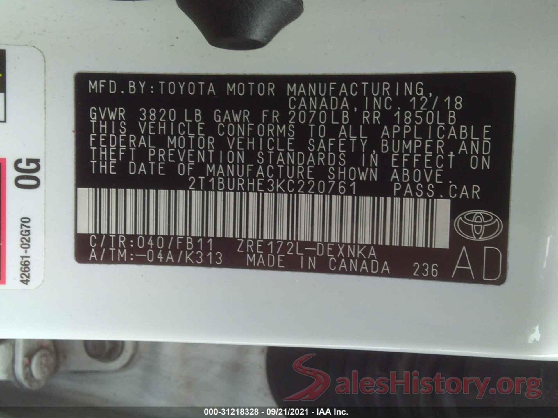 2T1BURHE3KC220761 2019 TOYOTA COROLLA