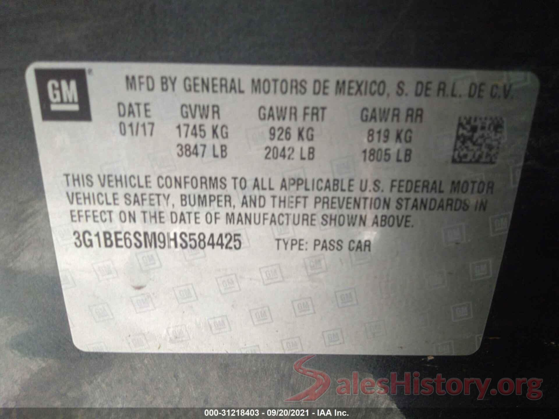 3G1BE6SM9HS584425 2017 CHEVROLET CRUZE