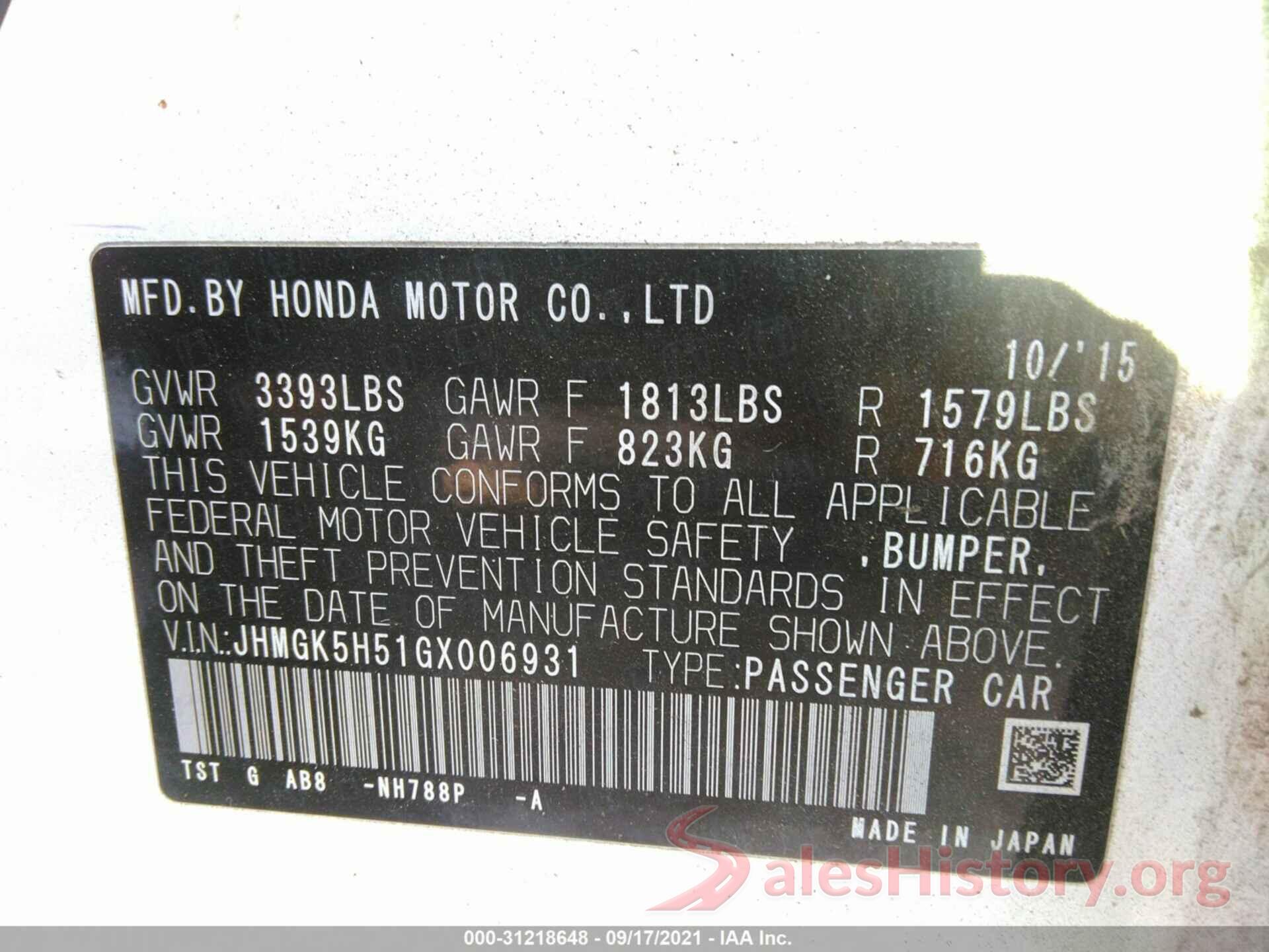 JHMGK5H51GX006931 2016 HONDA FIT