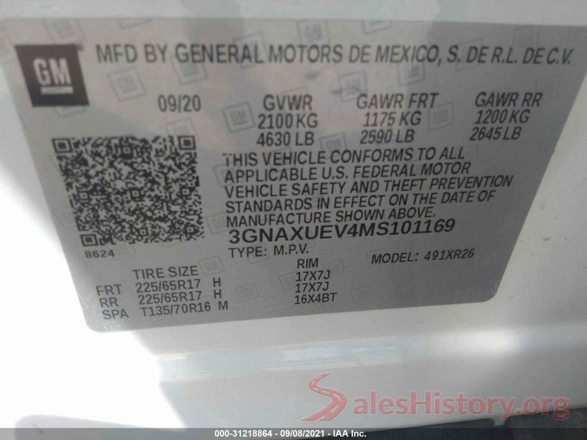 3GNAXUEV4MS101169 2021 CHEVROLET EQUINOX