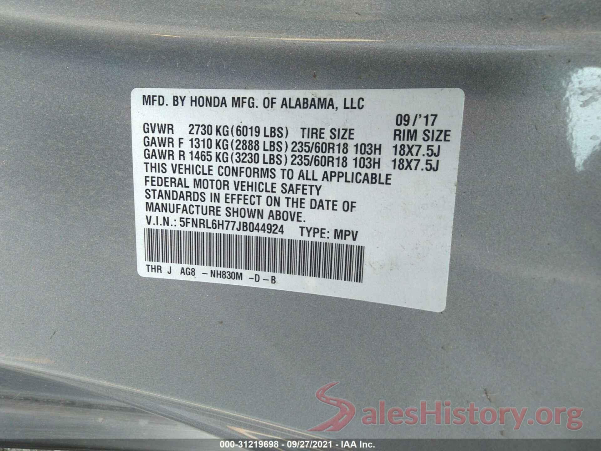 5FNRL6H77JB044924 2018 HONDA ODYSSEY