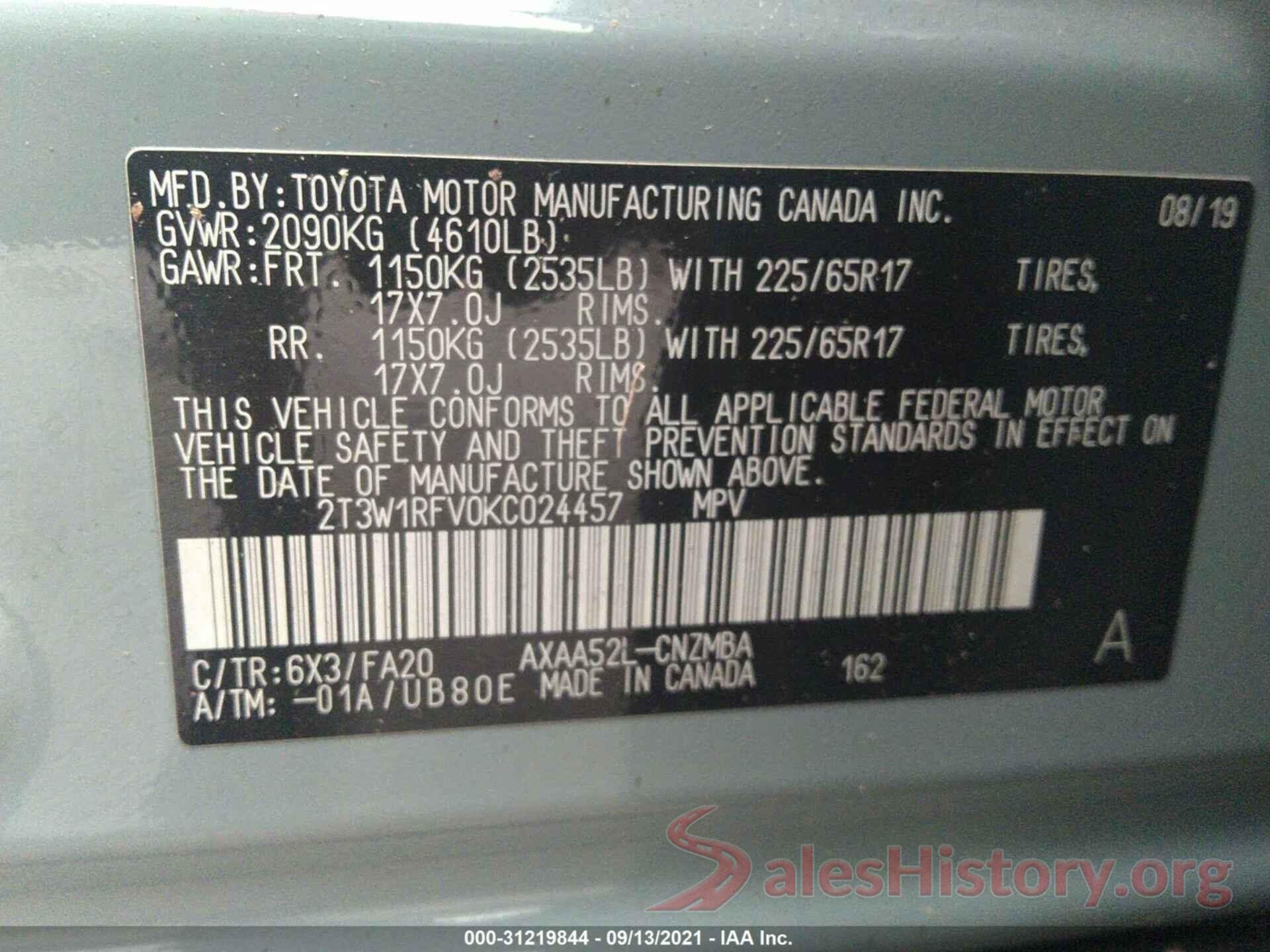 2T3W1RFV0KC024457 2019 TOYOTA RAV4