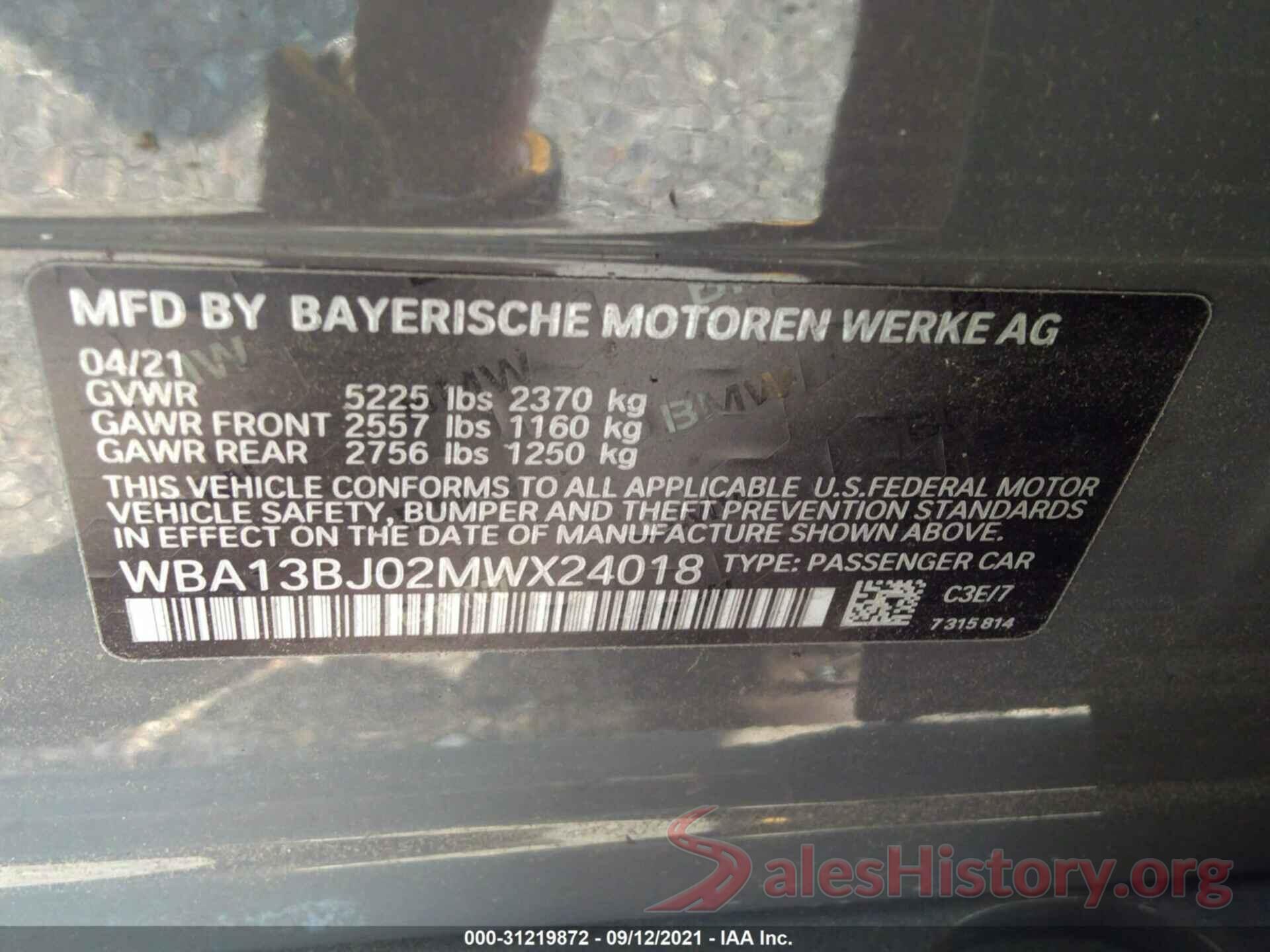 WBA13BJ02MWX24018 2021 BMW 5 SERIES