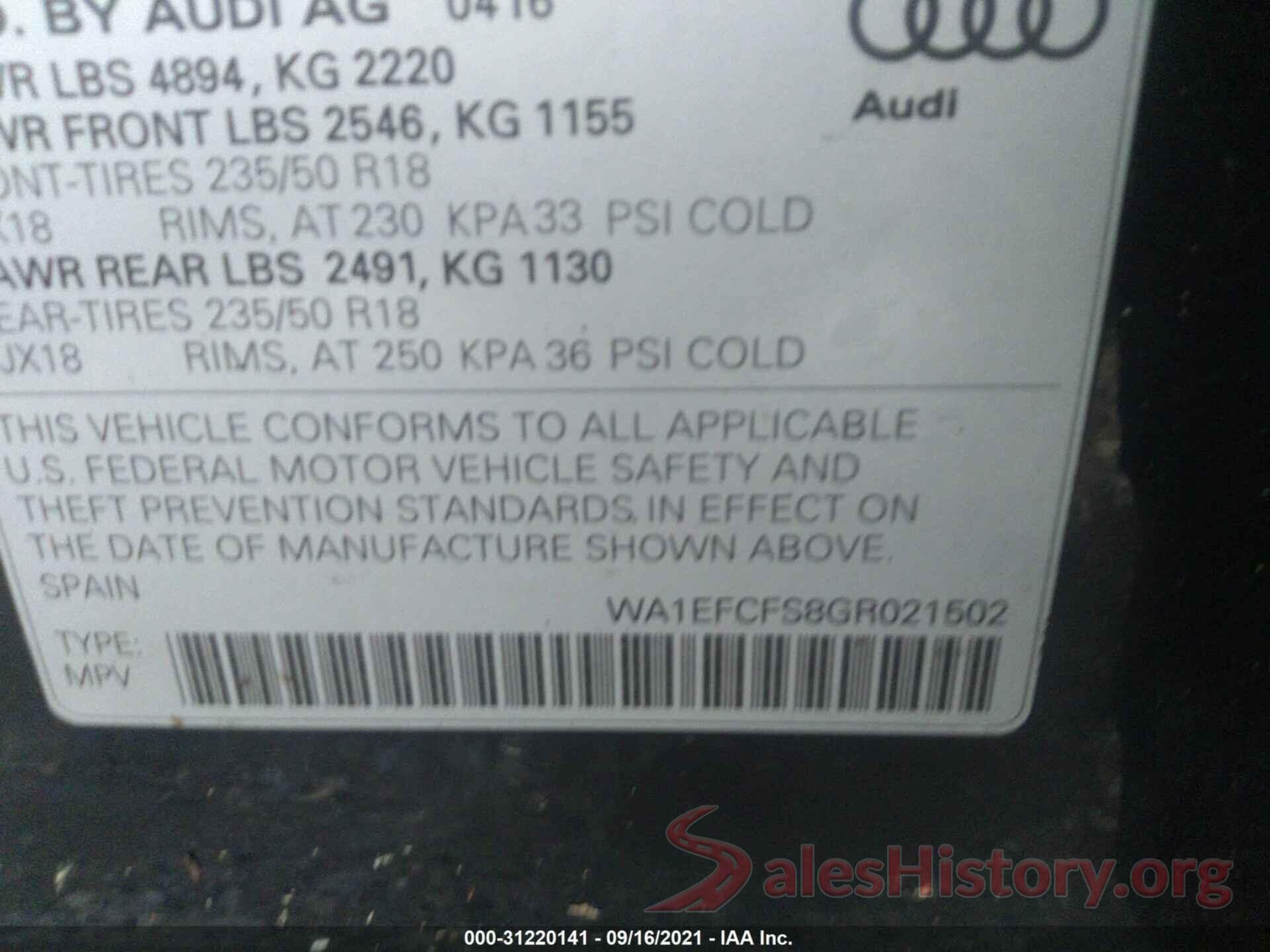 WA1EFCFS8GR021502 2016 AUDI Q3