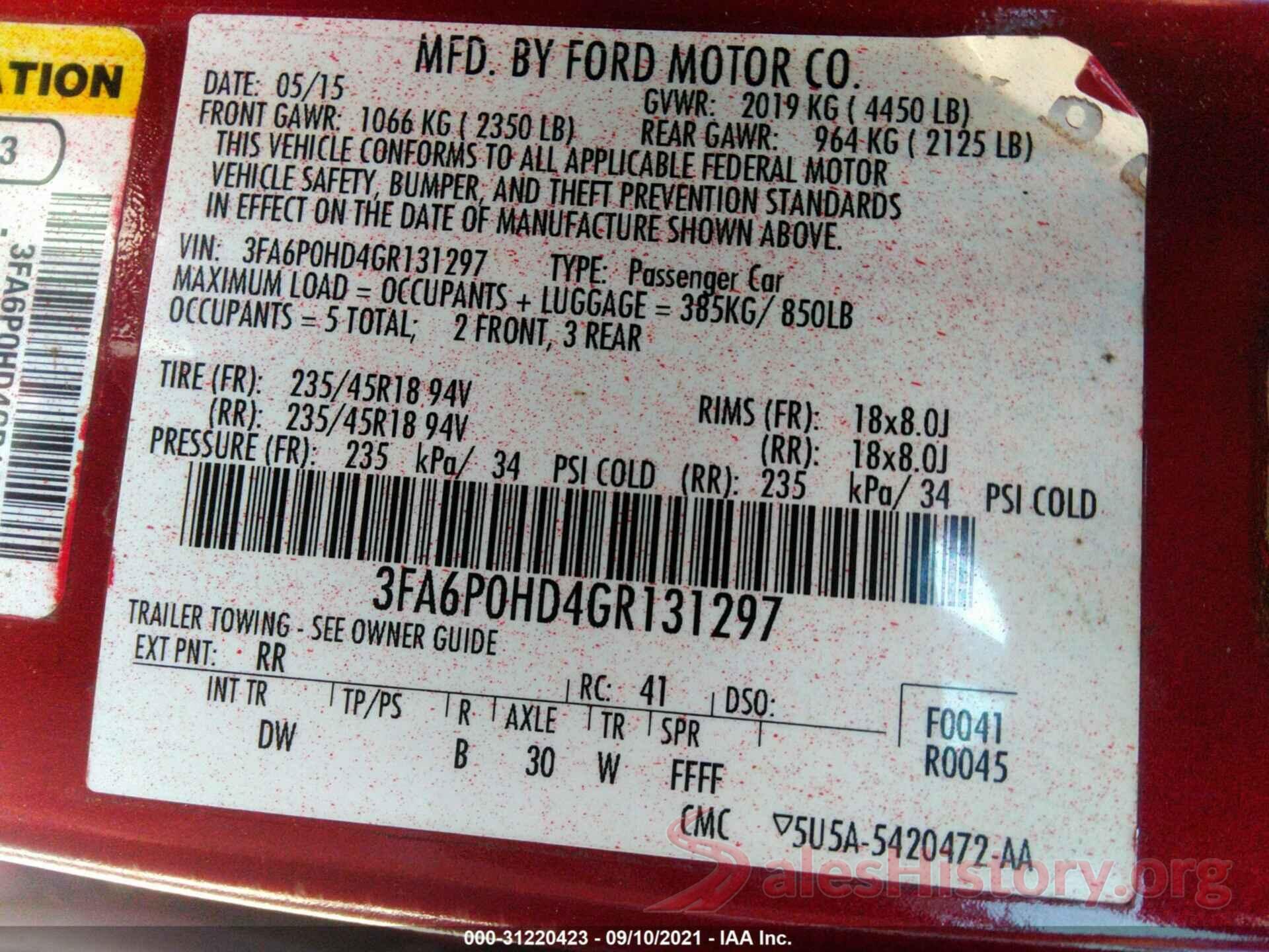 3FA6P0HD4GR131297 2016 FORD FUSION