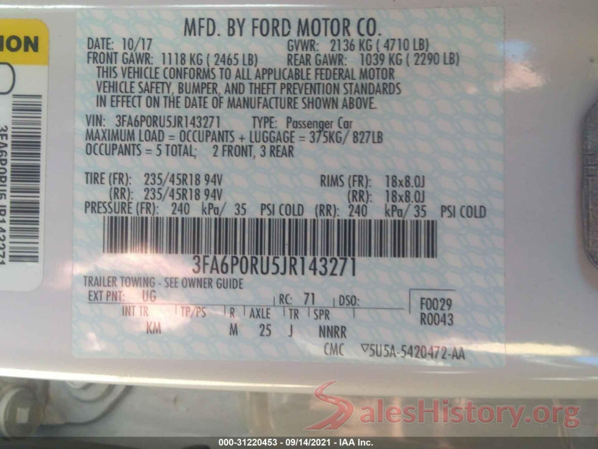 3FA6P0RU5JR143271 2018 FORD FUSION HYBRID