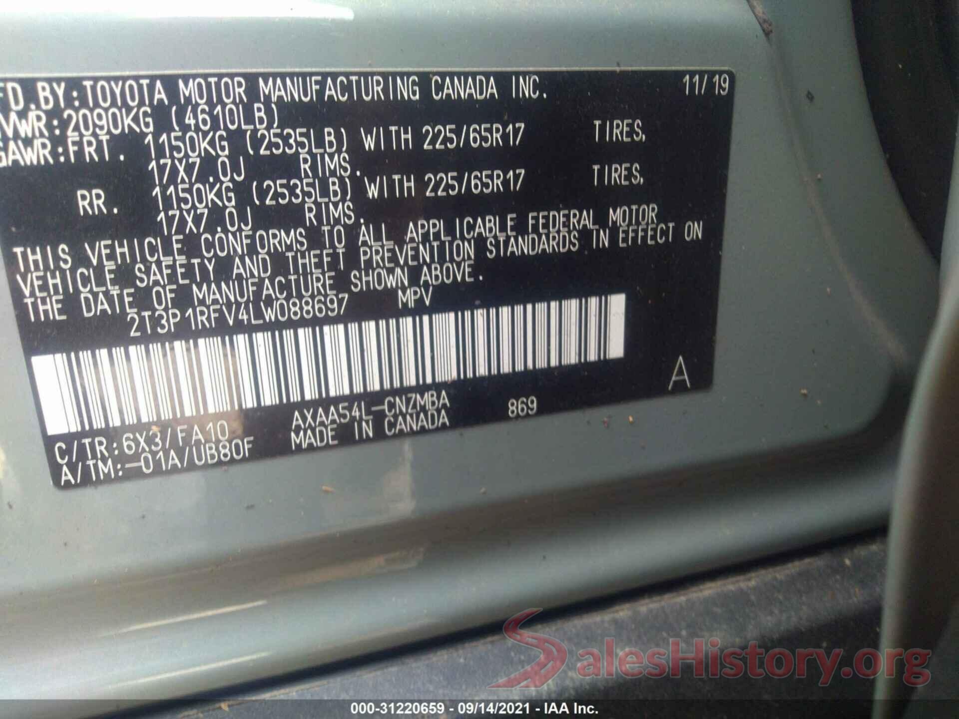 2T3P1RFV4LW088697 2020 TOYOTA RAV4