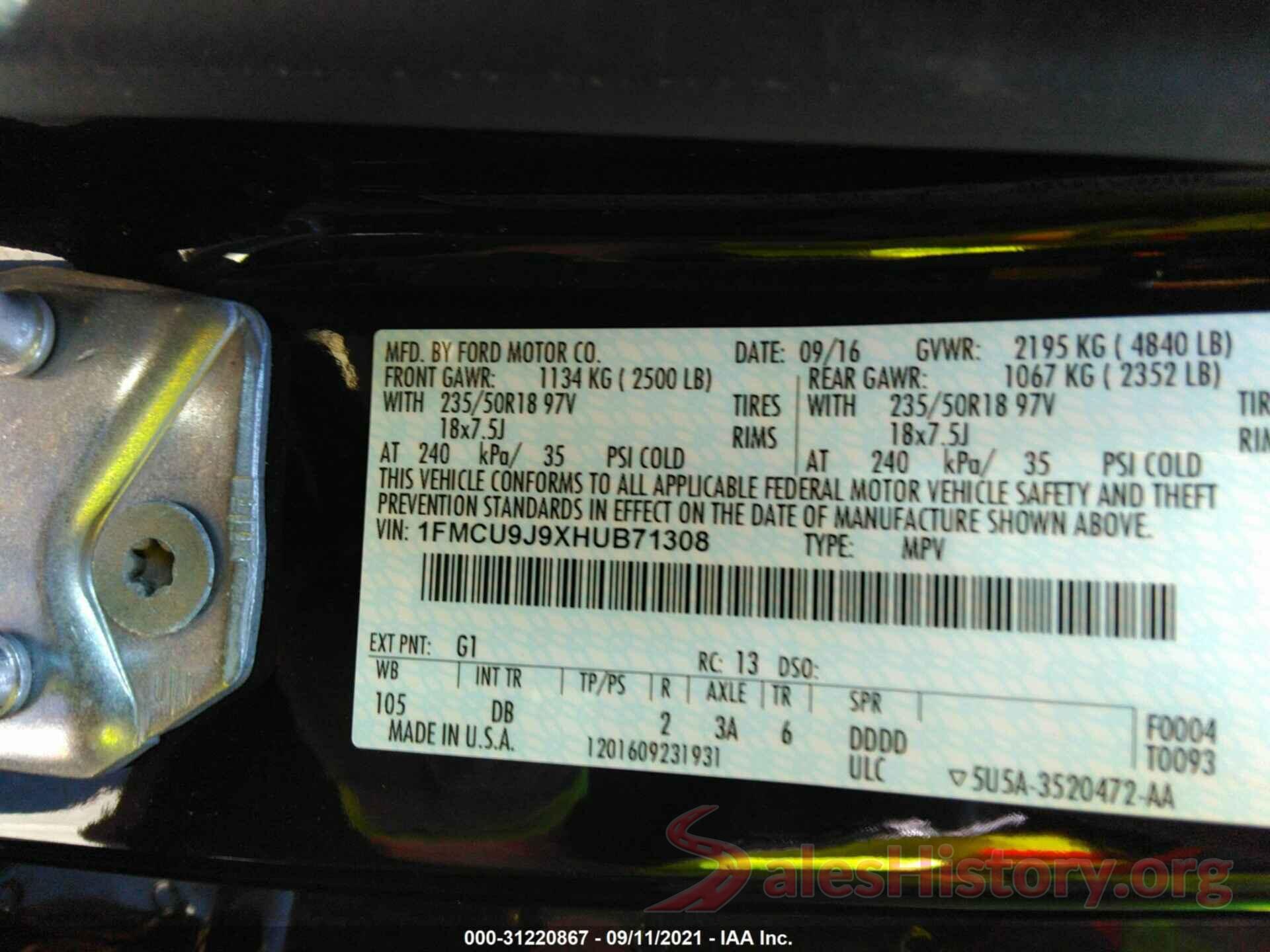 1FMCU9J9XHUB71308 2017 FORD ESCAPE