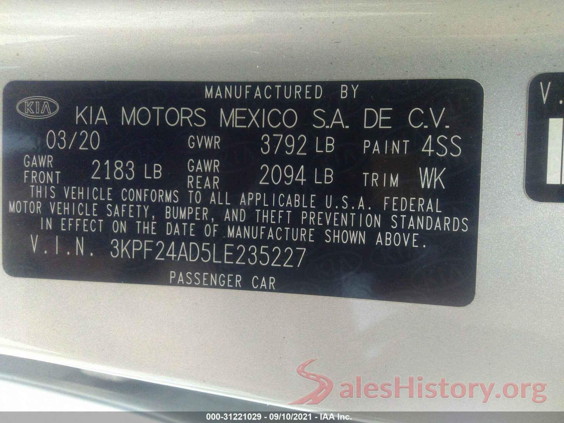 3KPF24AD5LE235227 2020 KIA FORTE