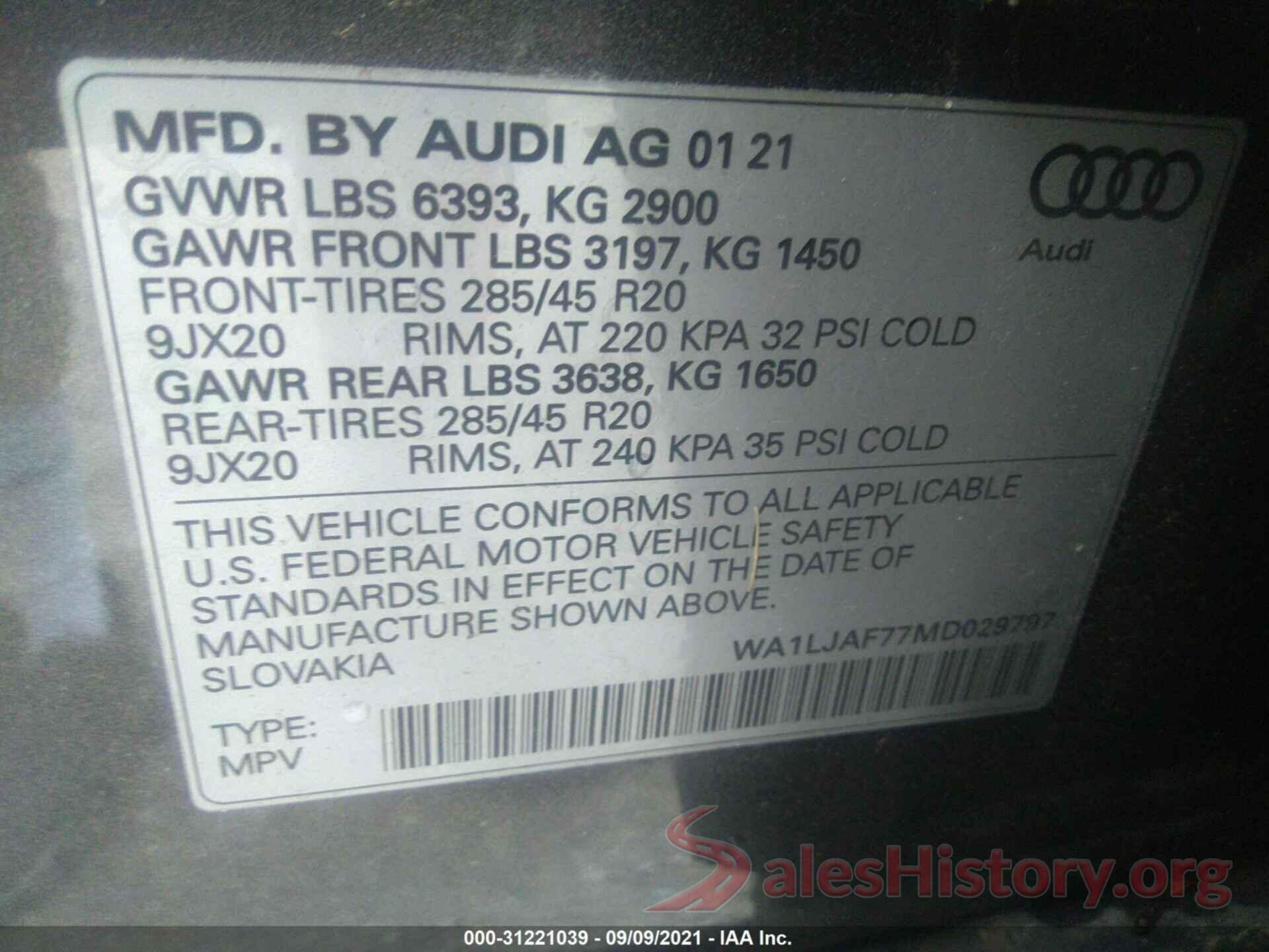 WA1LJAF77MD029797 2021 AUDI Q7