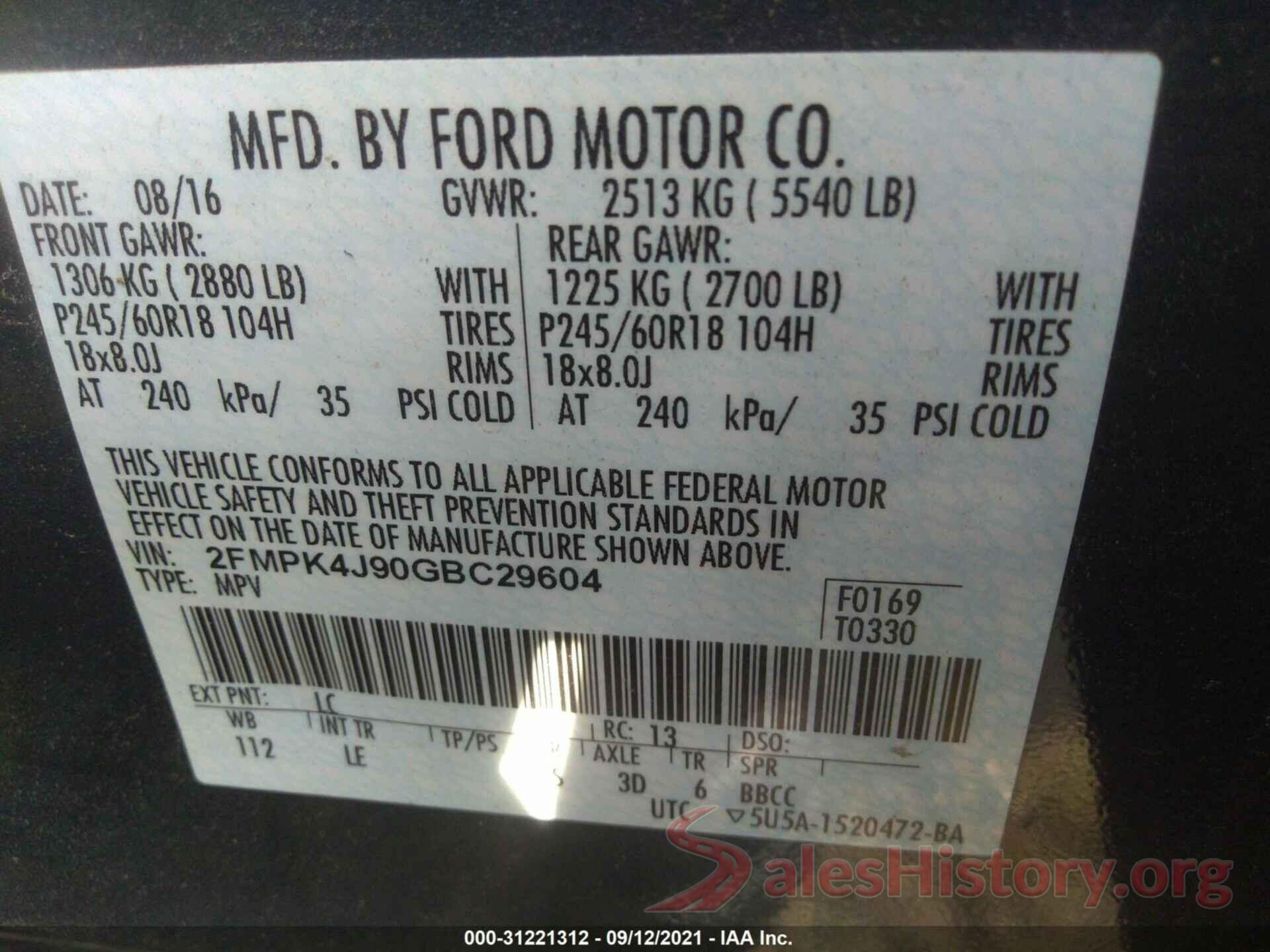 2FMPK4J90GBC29604 2016 FORD EDGE