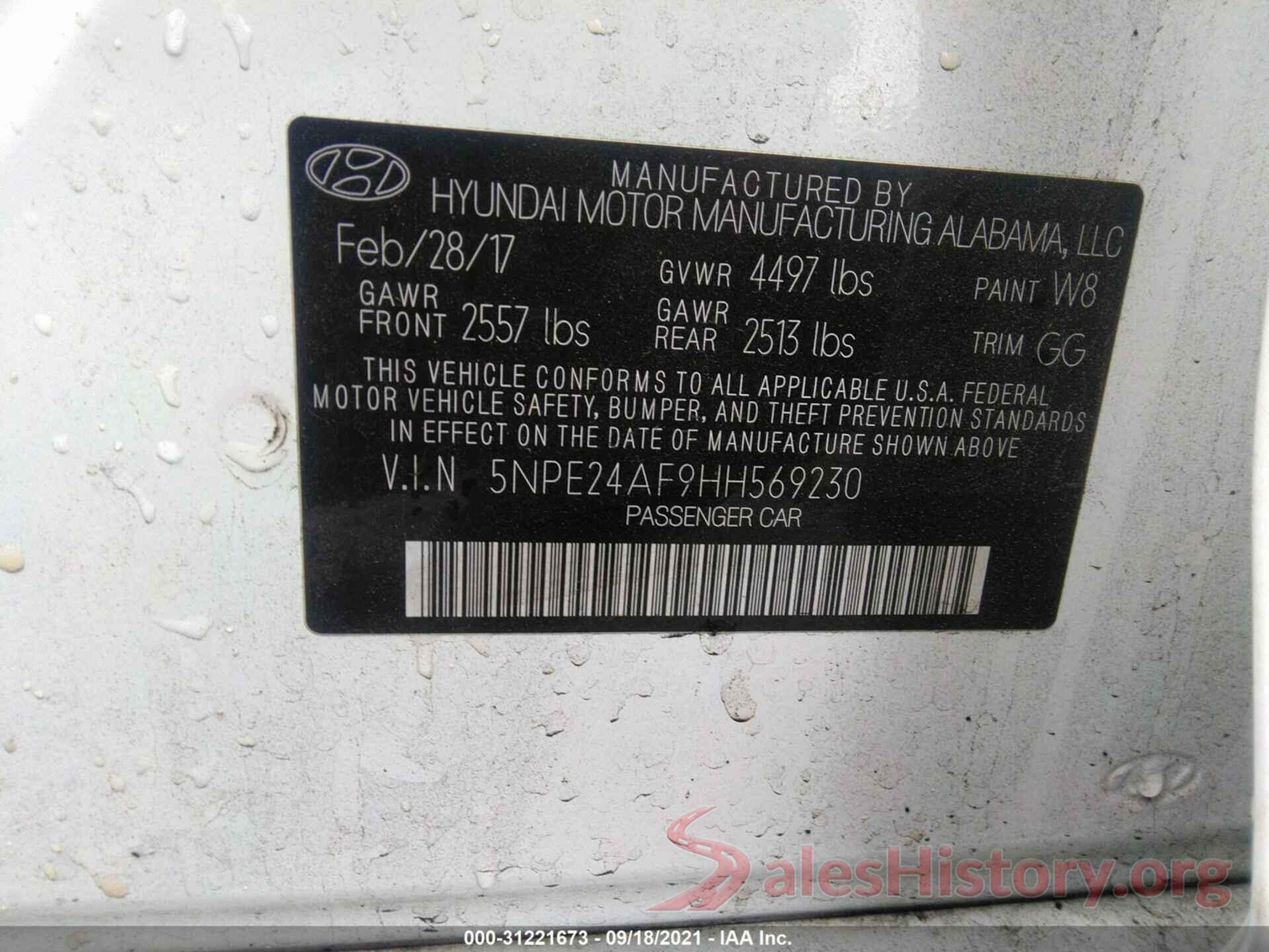 5NPE24AF9HH569230 2017 HYUNDAI SONATA