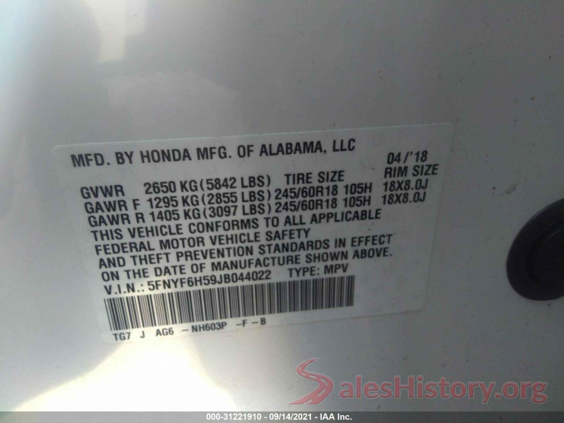 5FNYF6H59JB044022 2018 HONDA PILOT