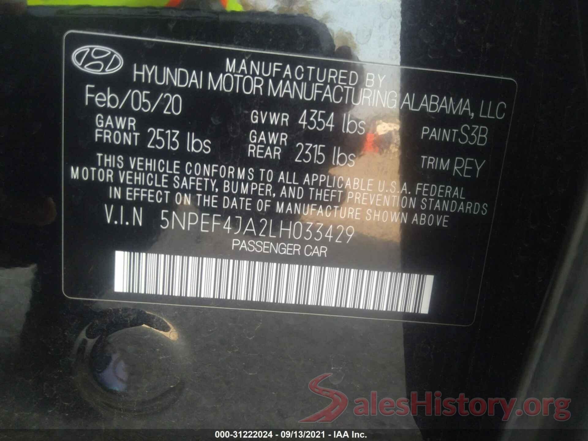 5NPEF4JA2LH033429 2020 HYUNDAI SONATA