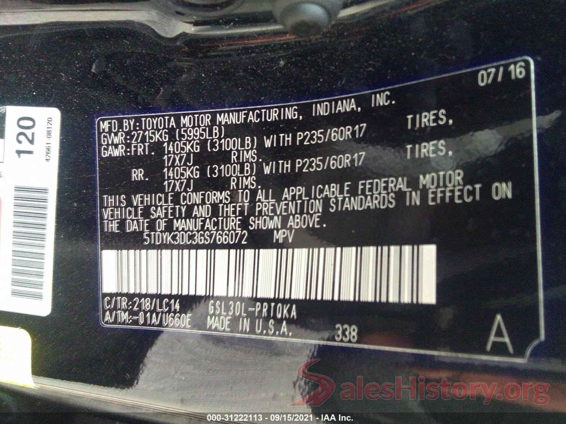 5TDYK3DC3GS766072 2016 TOYOTA SIENNA