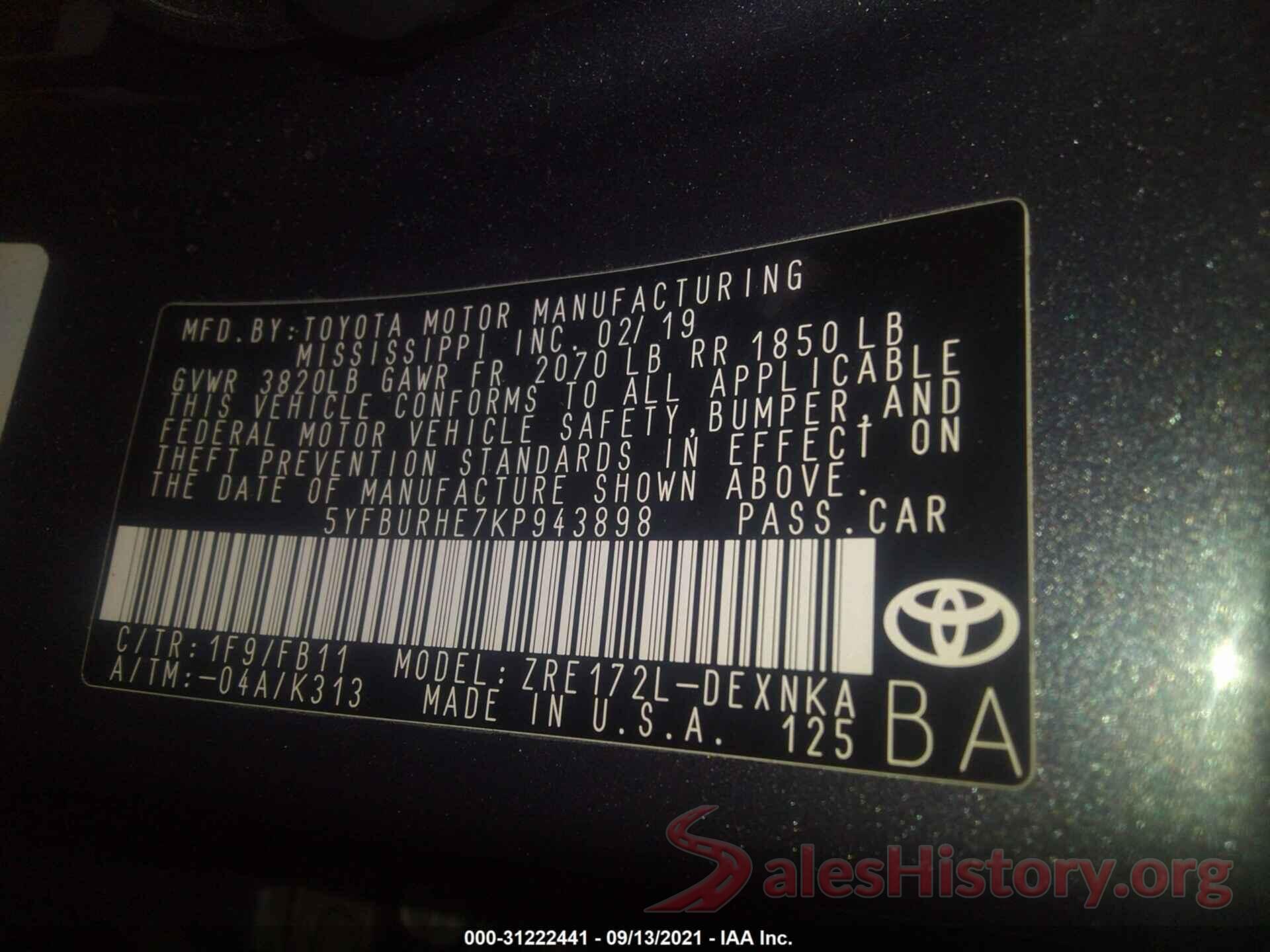 5YFBURHE7KP943898 2019 TOYOTA COROLLA