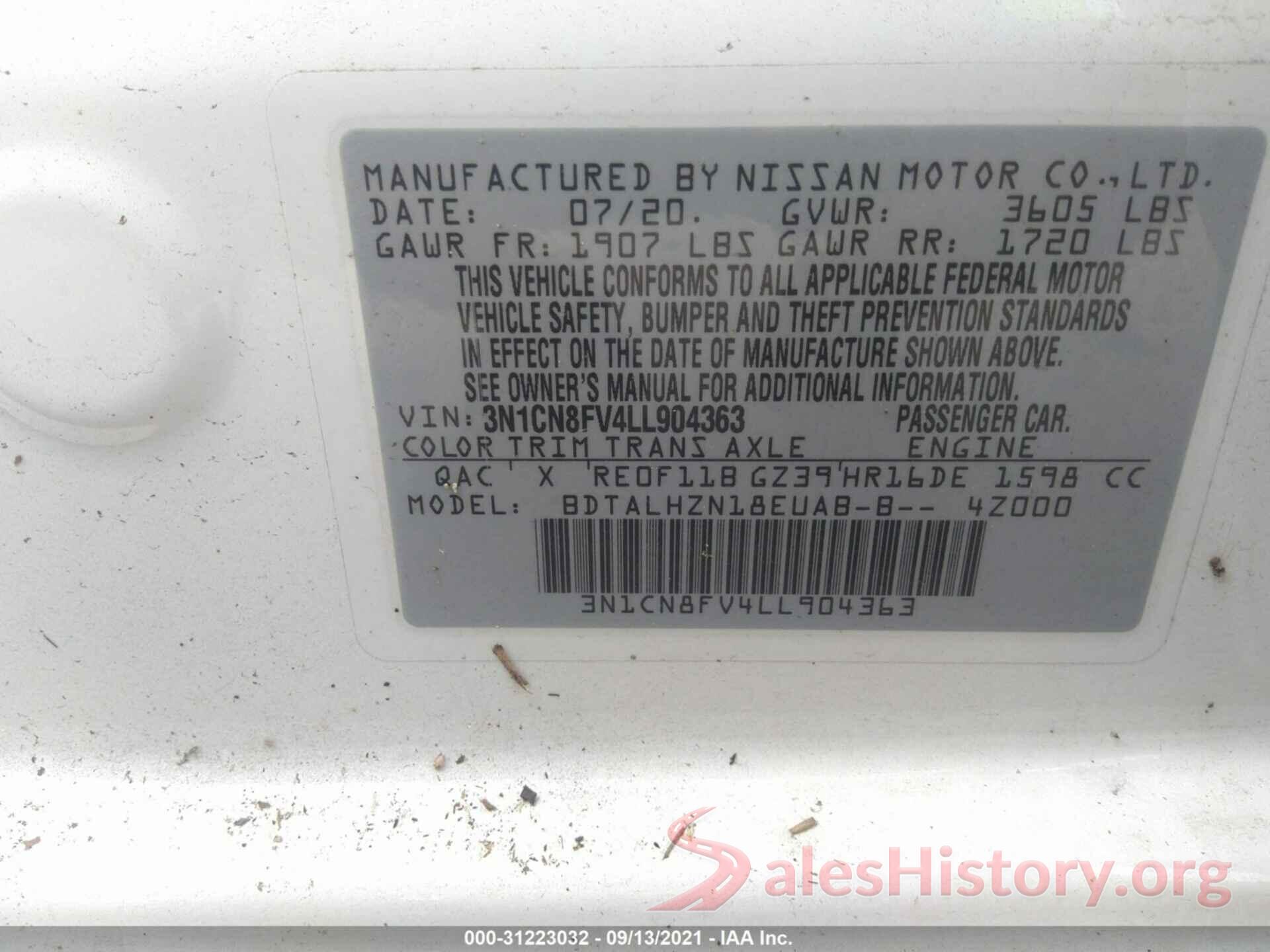 3N1CN8FV4LL904363 2020 NISSAN VERSA