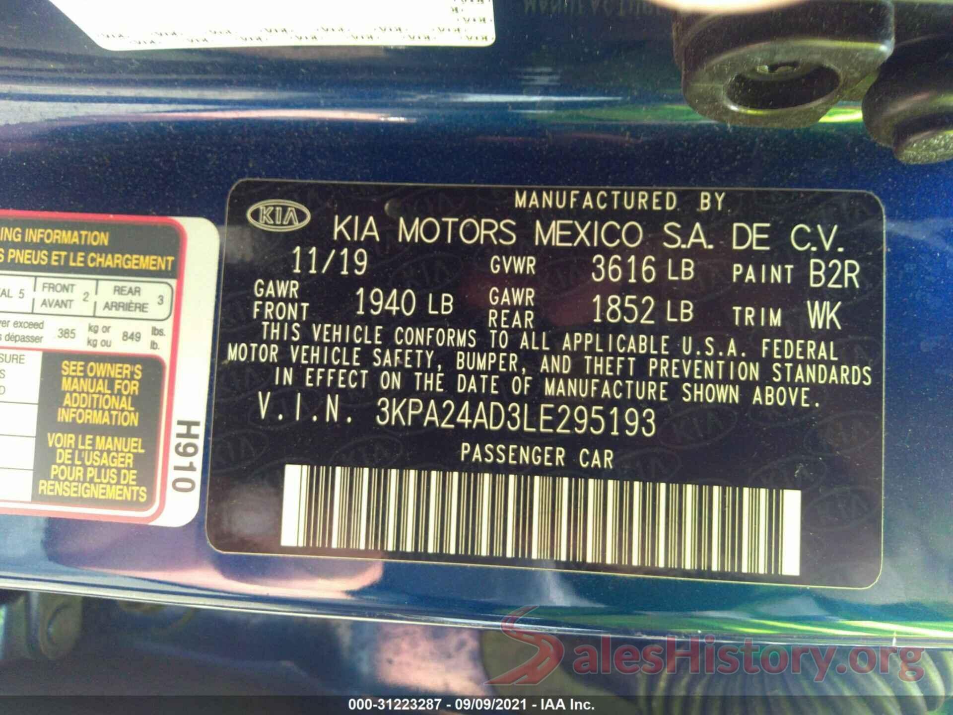 3KPA24AD3LE295193 2020 KIA RIO