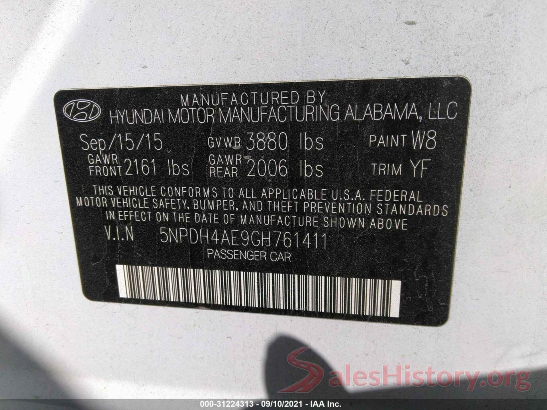 5NPDH4AE9GH761411 2016 HYUNDAI ELANTRA