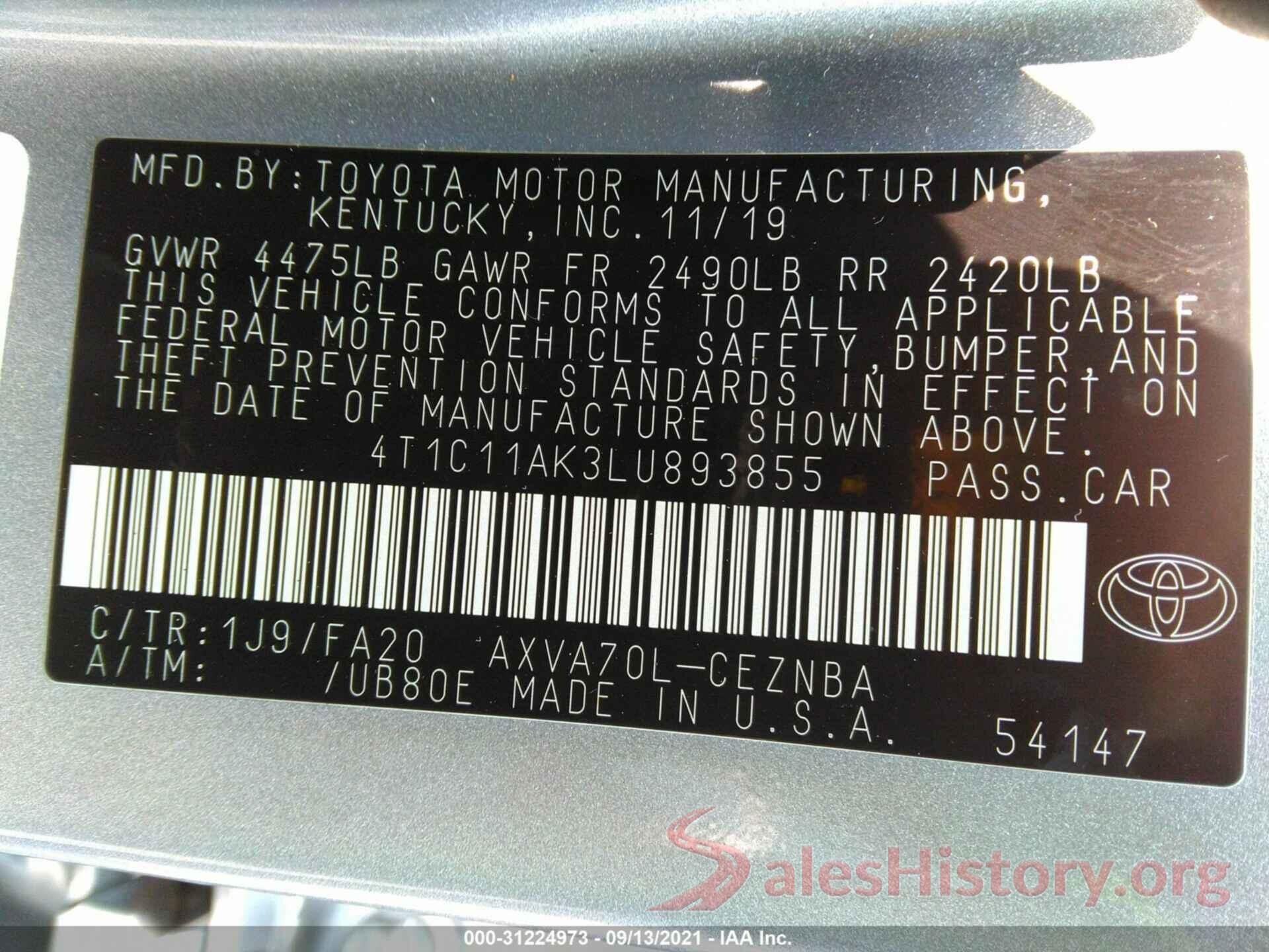 4T1C11AK3LU893855 2020 TOYOTA CAMRY