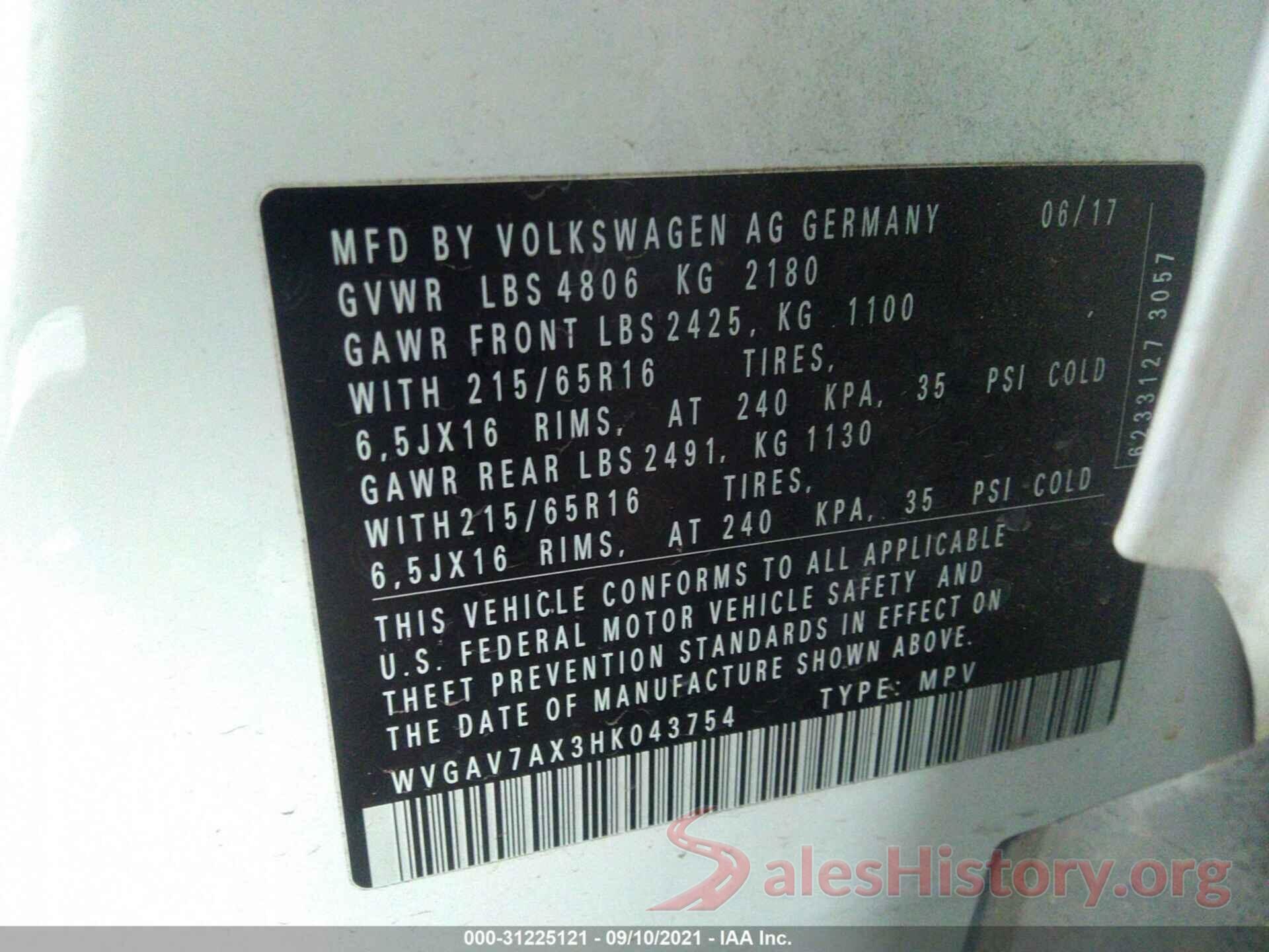 WVGAV7AX3HK043754 2017 VOLKSWAGEN TIGUAN