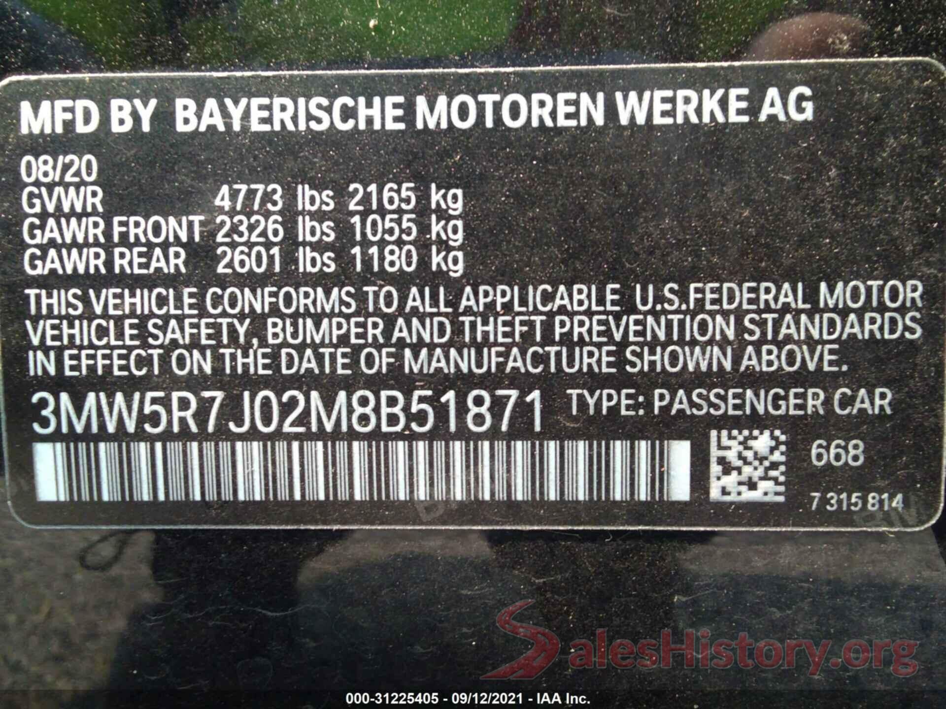 3MW5R7J02M8B51871 2021 BMW 3 SERIES