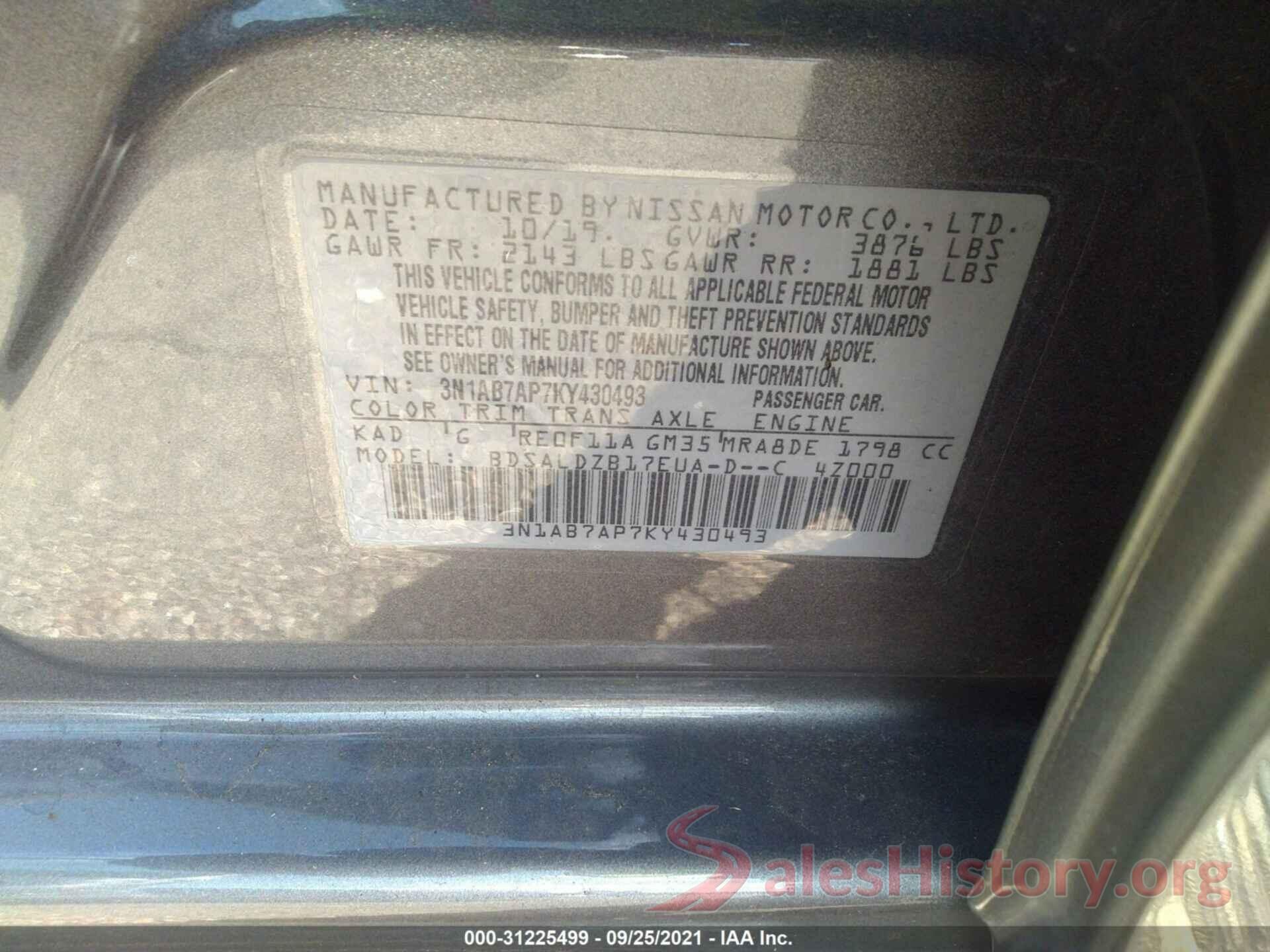 3N1AB7AP7KY430493 2019 NISSAN SENTRA