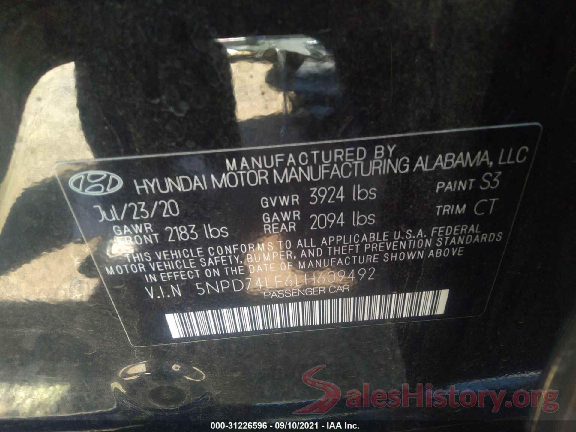 5NPD74LF6LH609492 2020 HYUNDAI ELANTRA