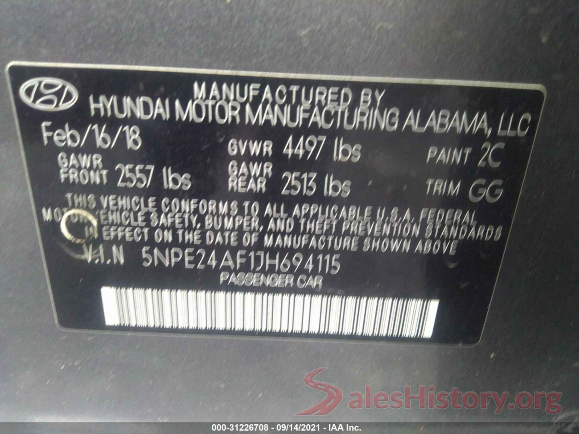 5NPE24AF1JH694115 2018 HYUNDAI SONATA