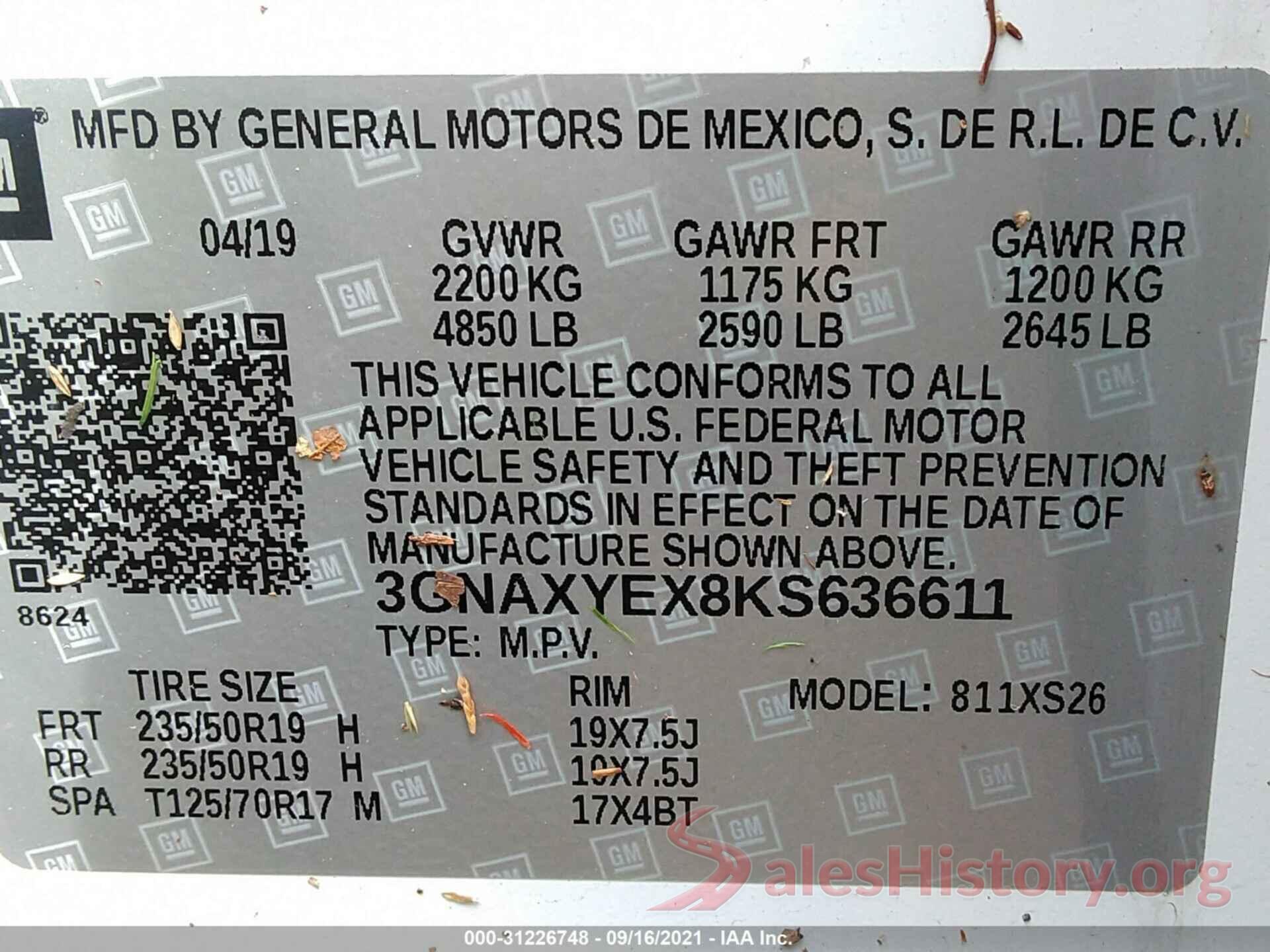 3GNAXYEX8KS636611 2019 CHEVROLET EQUINOX