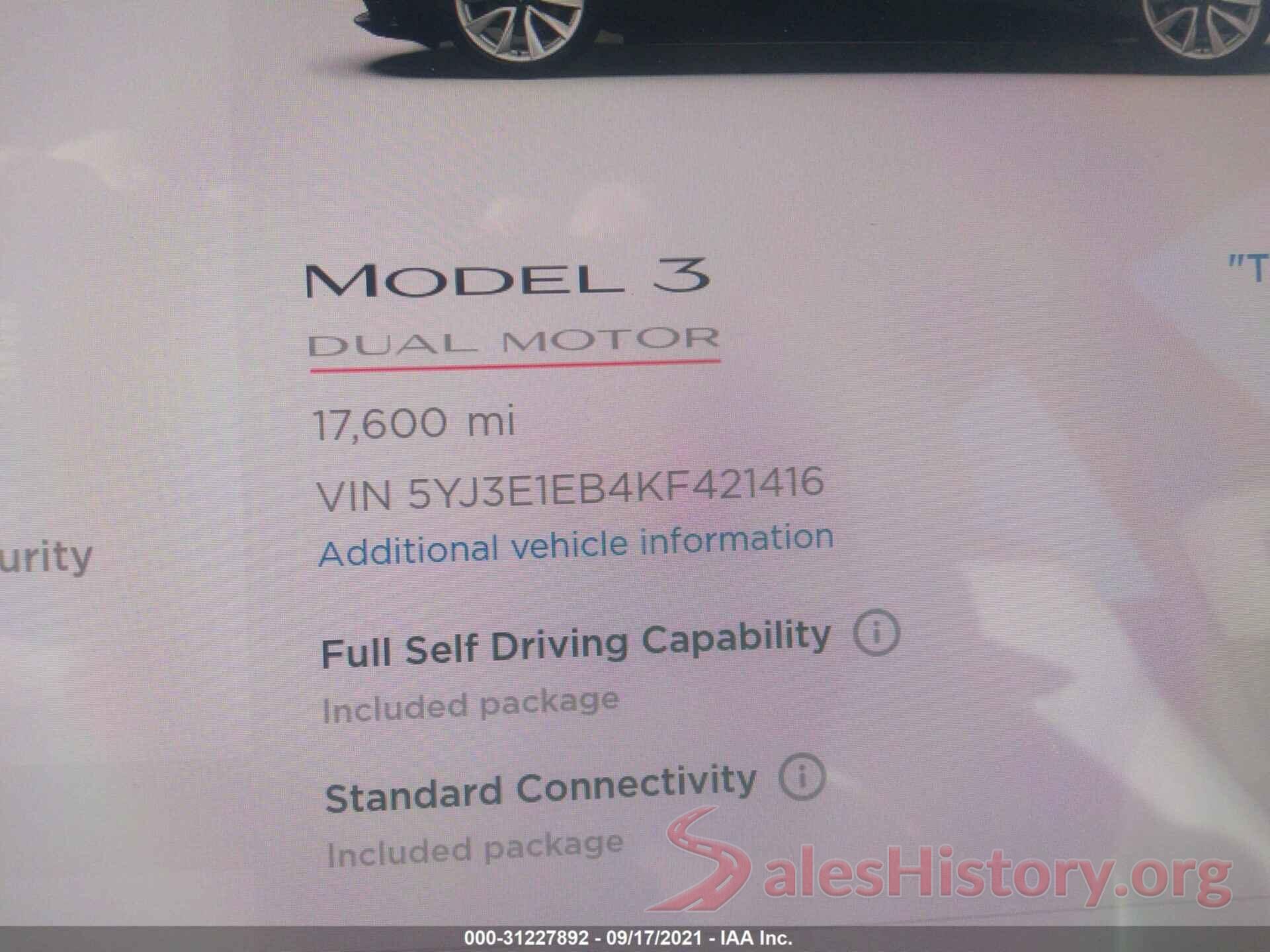 5YJ3E1EB4KF421416 2019 TESLA MODEL 3