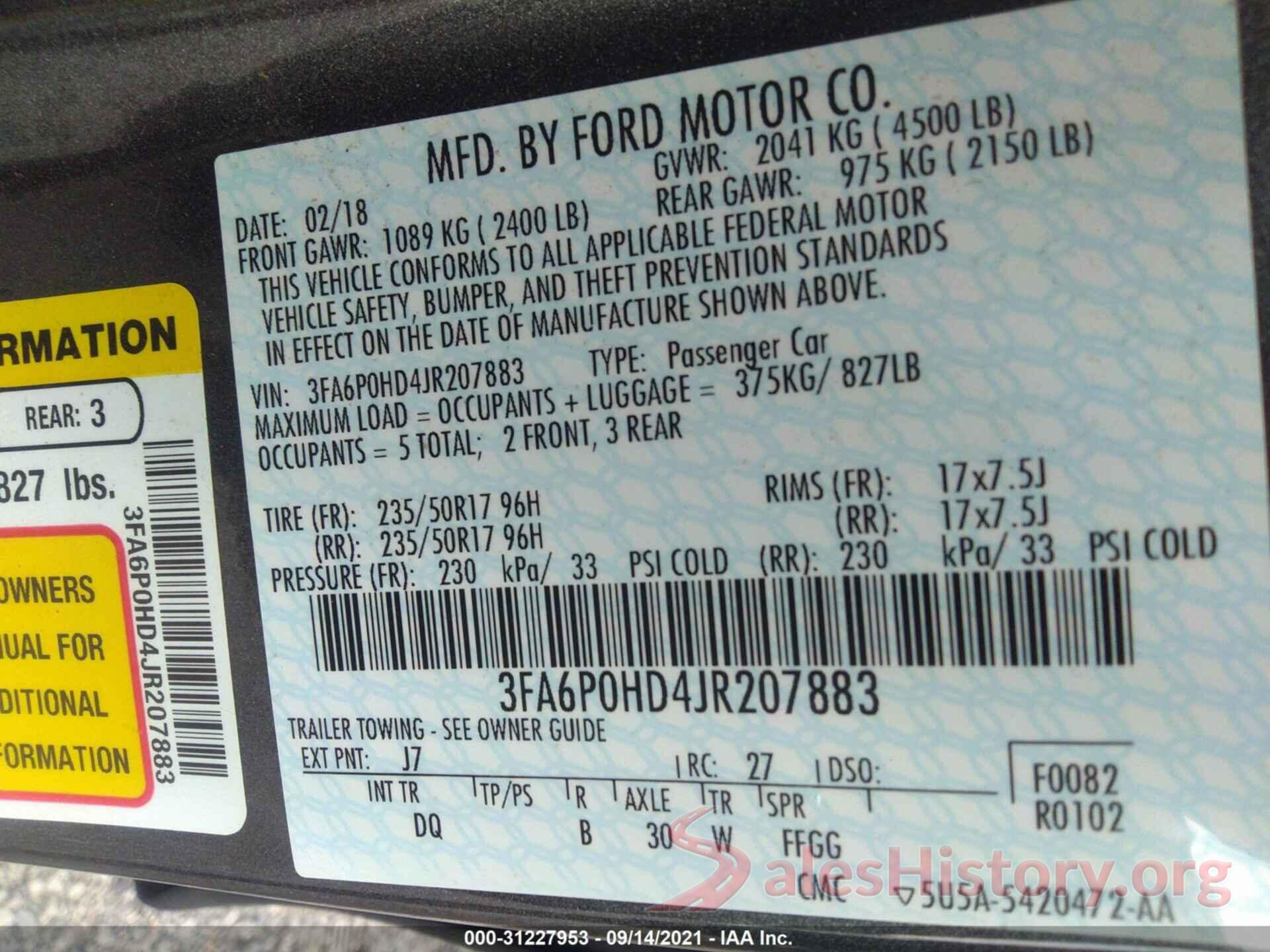 3FA6P0HD4JR207883 2018 FORD FUSION