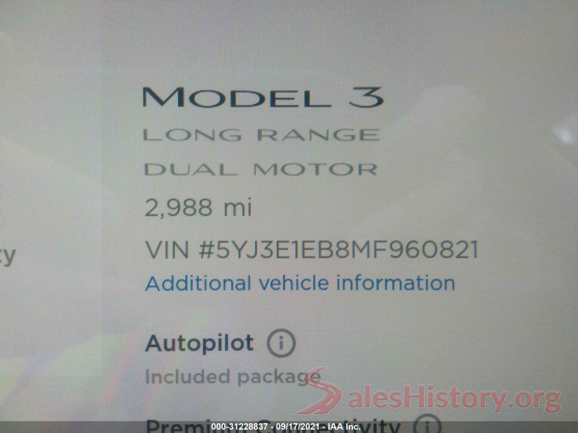 5YJ3E1EB8MF960821 2021 TESLA MODEL 3