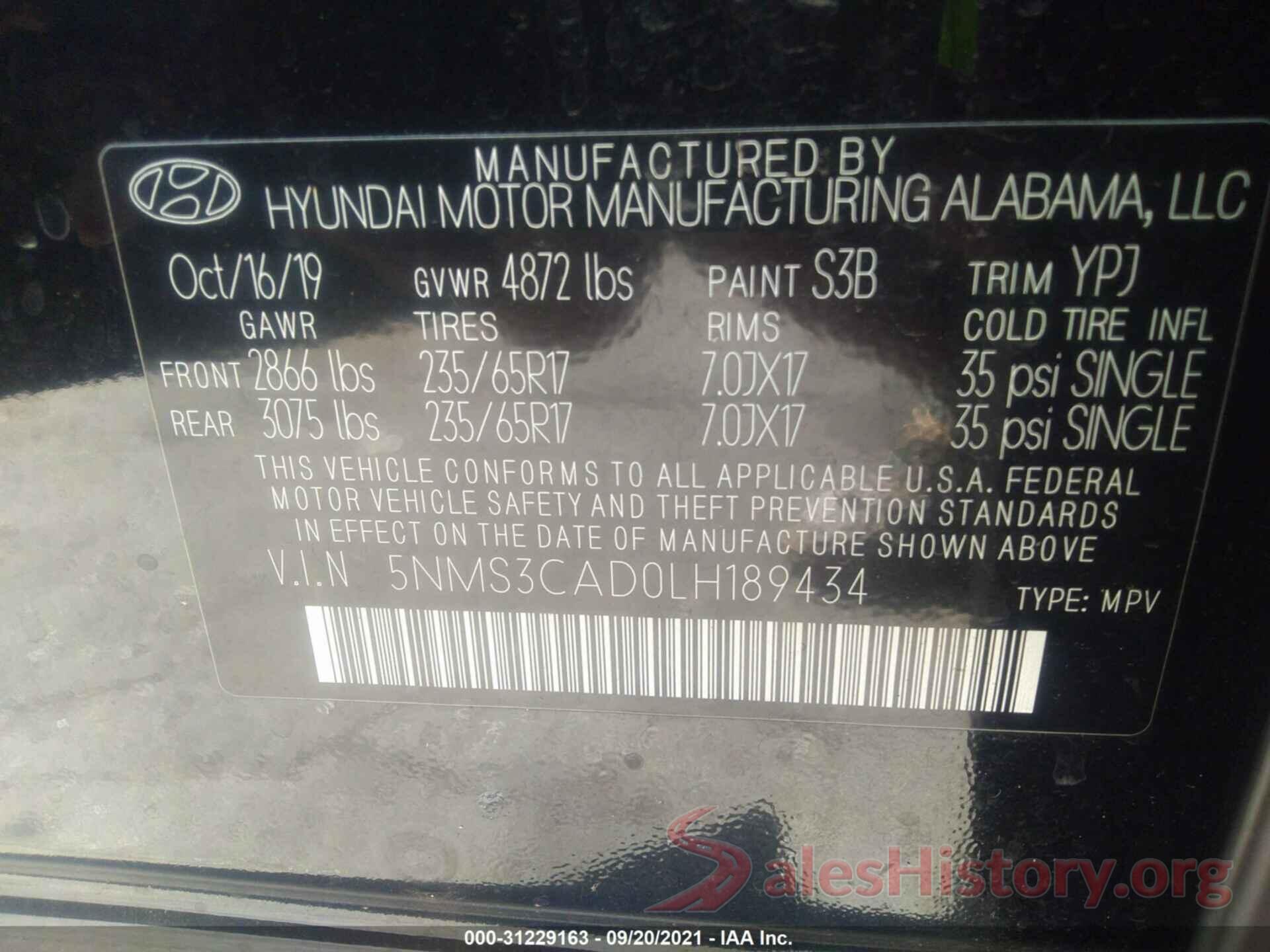 5NMS3CAD0LH189434 2020 HYUNDAI SANTA FE