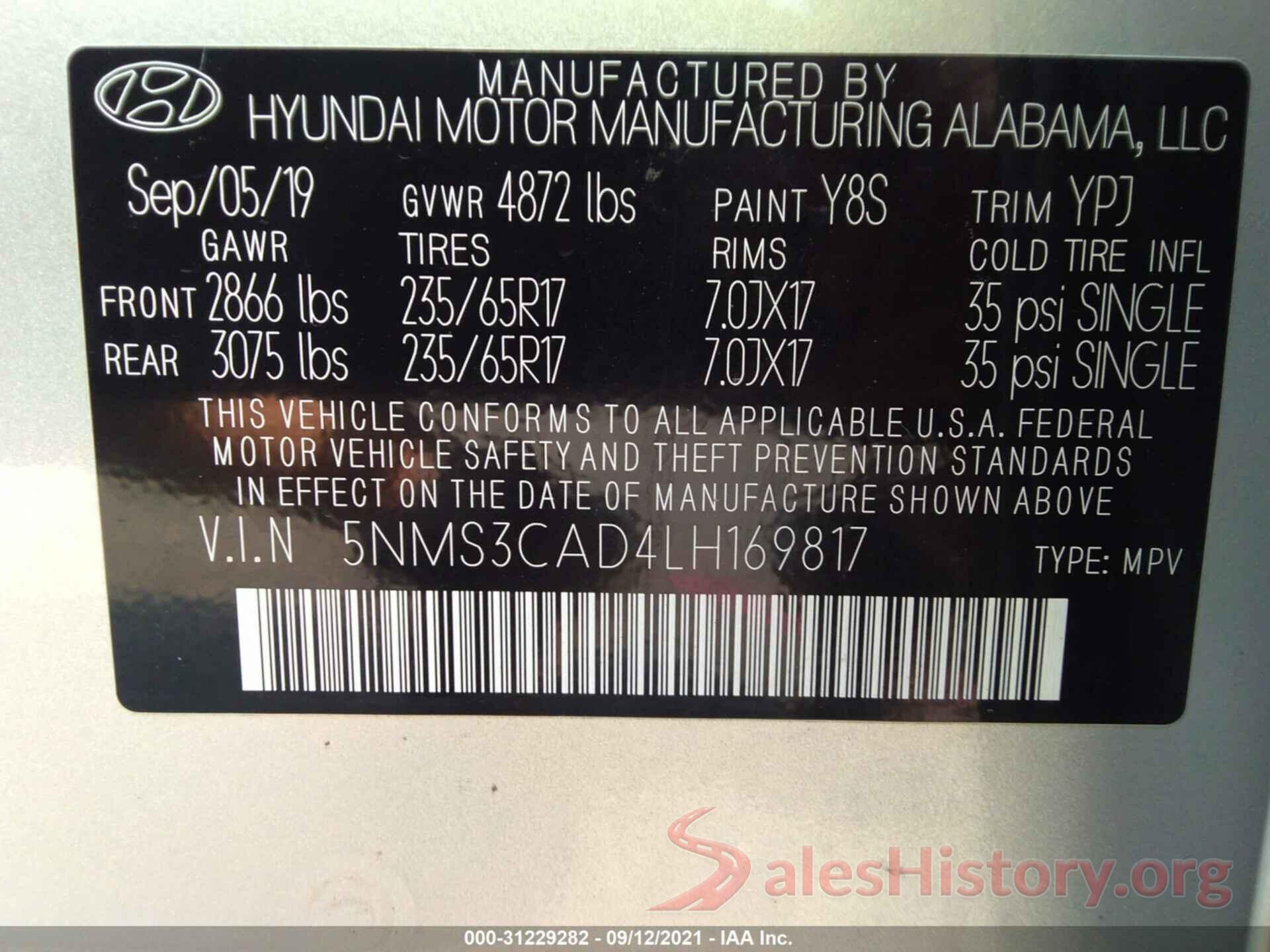 5NMS3CAD4LH169817 2020 HYUNDAI SANTA FE