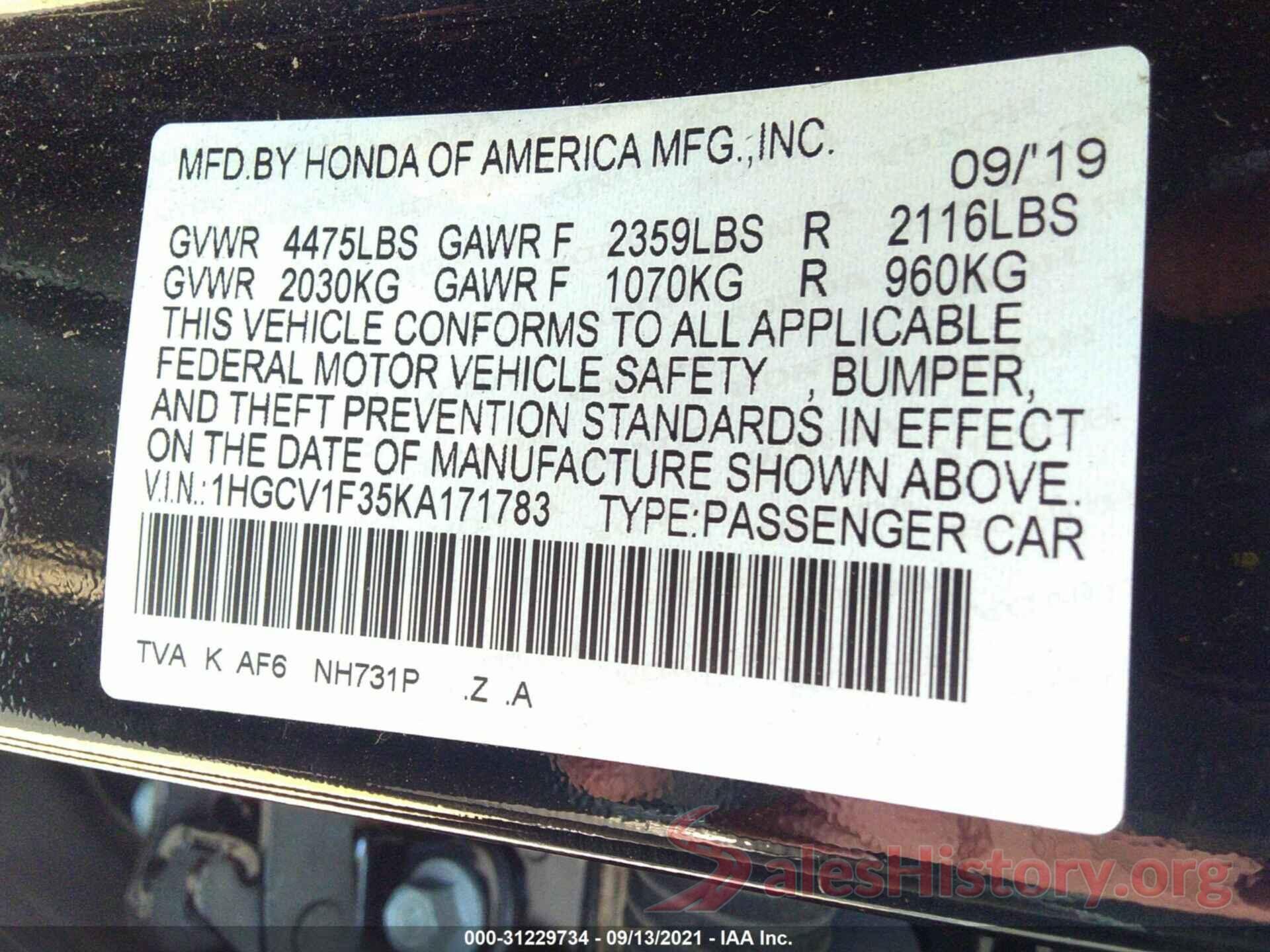 1HGCV1F35KA171783 2019 HONDA ACCORD SEDAN