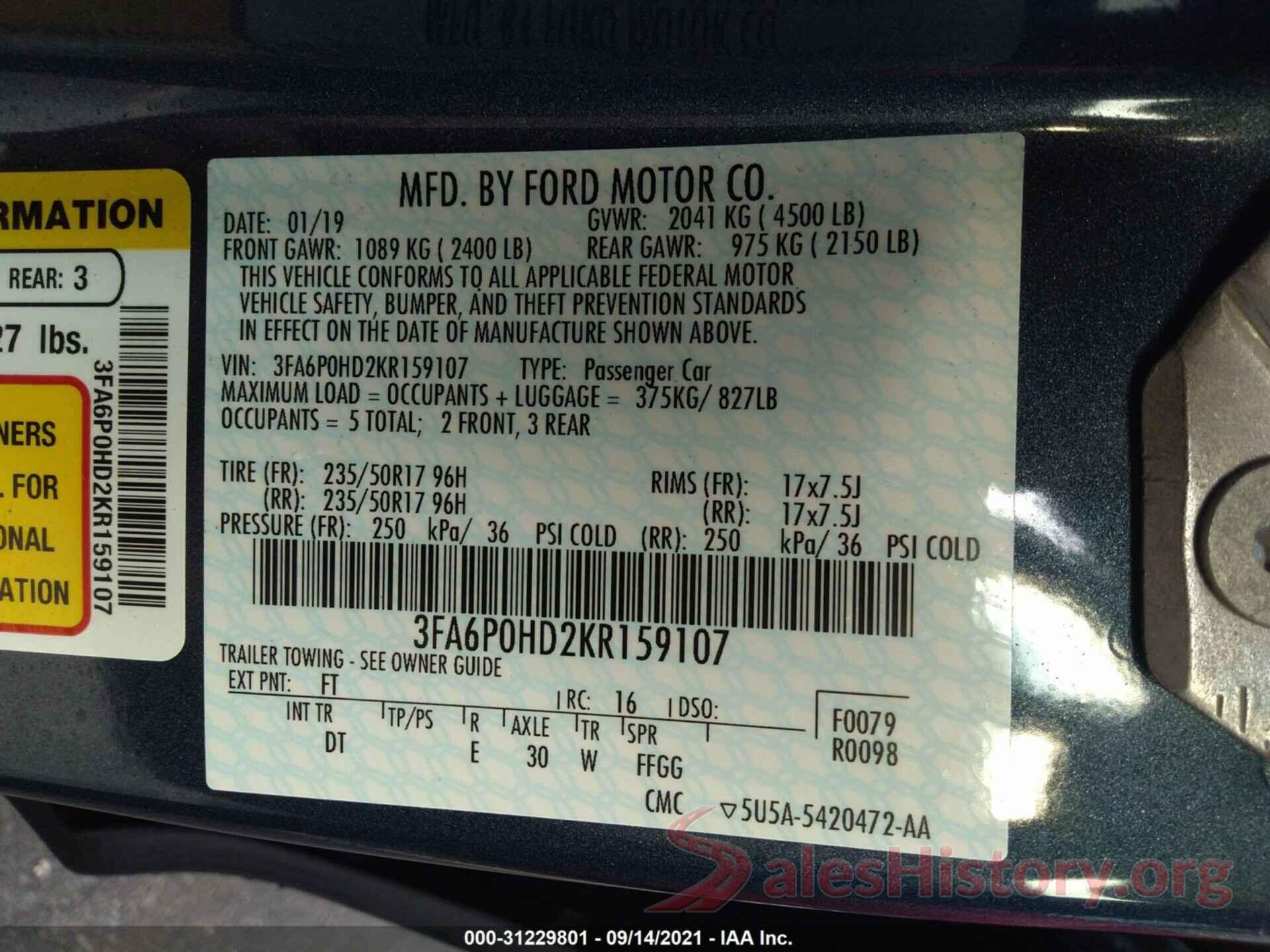 3FA6P0HD2KR159107 2019 FORD FUSION