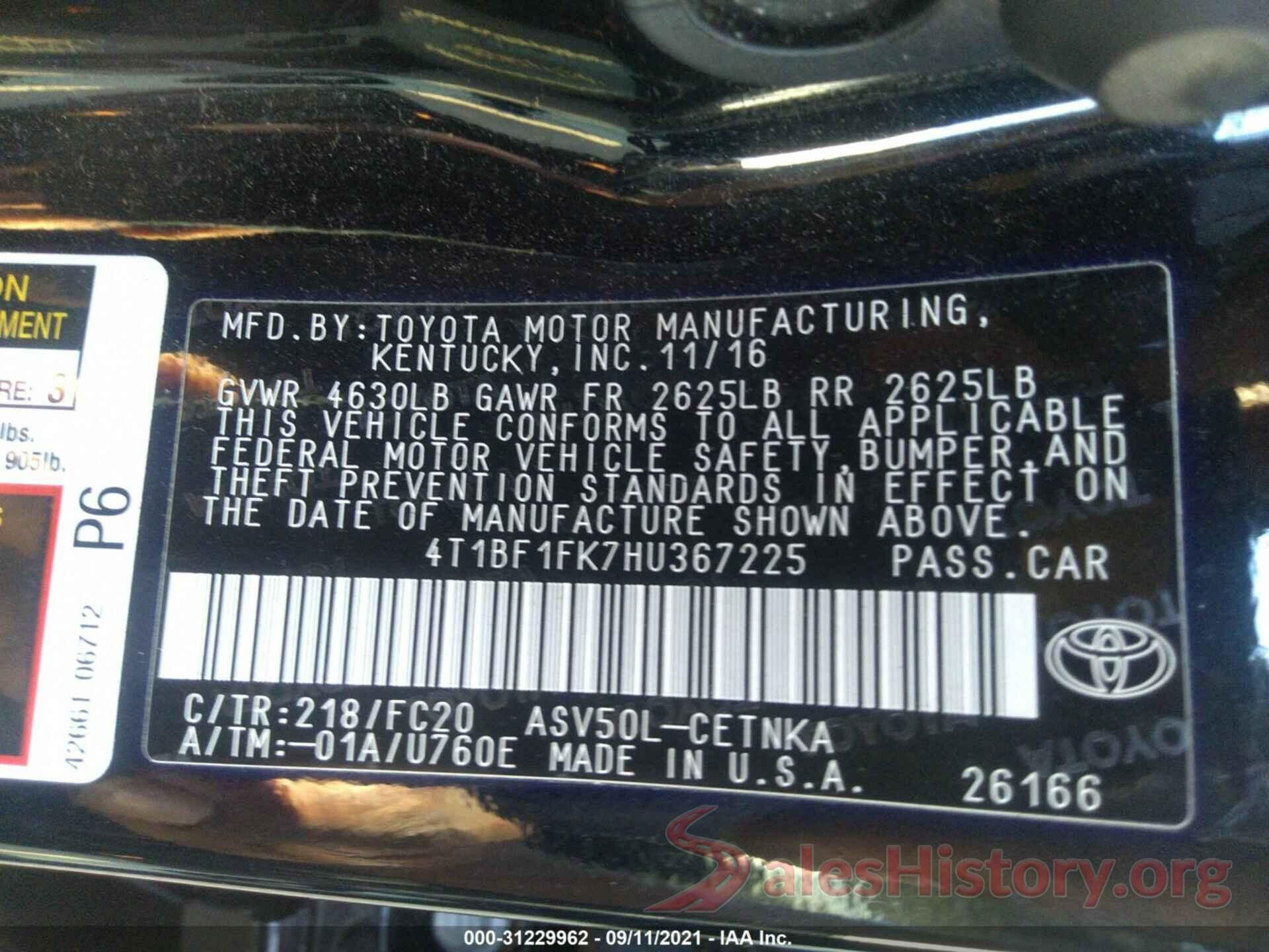 4T1BF1FK7HU367225 2017 TOYOTA CAMRY