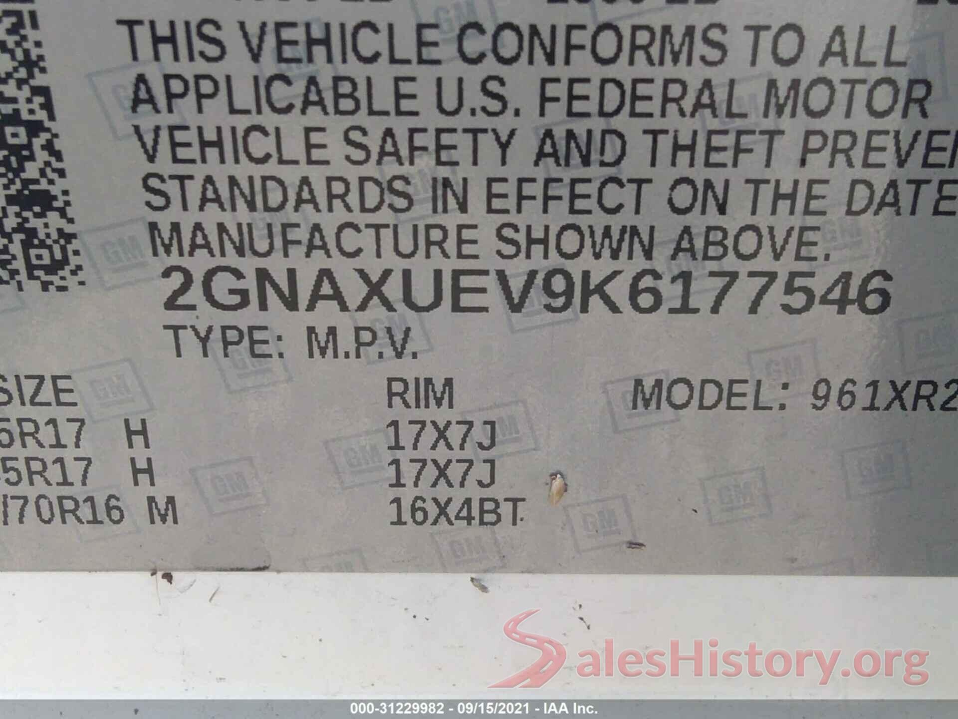 2GNAXUEV9K6177546 2019 CHEVROLET EQUINOX