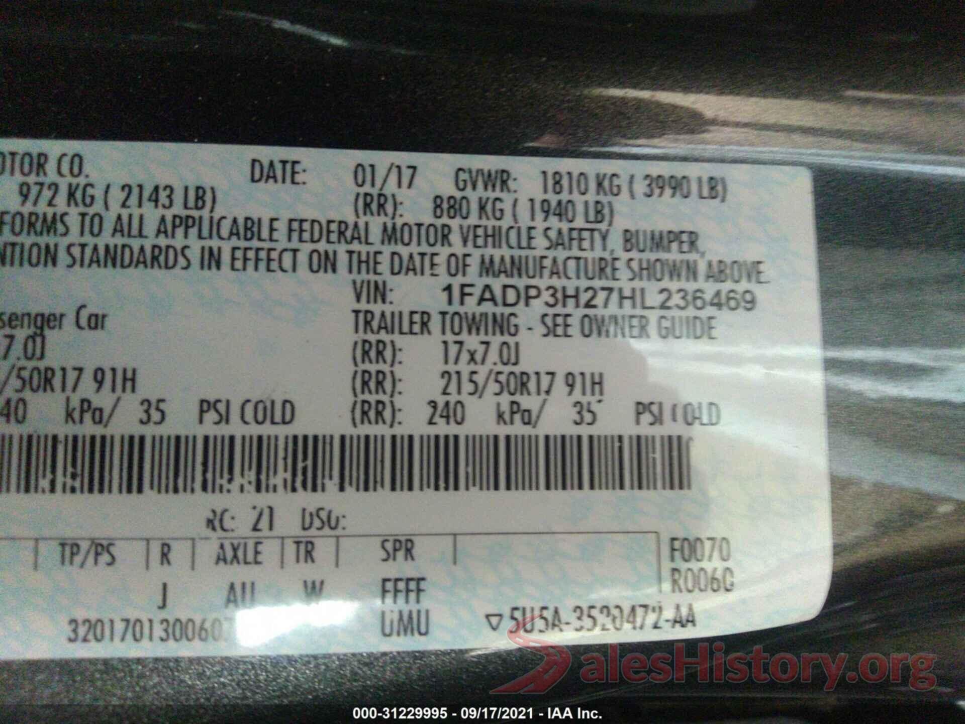 1FADP3H27HL236469 2017 FORD FOCUS