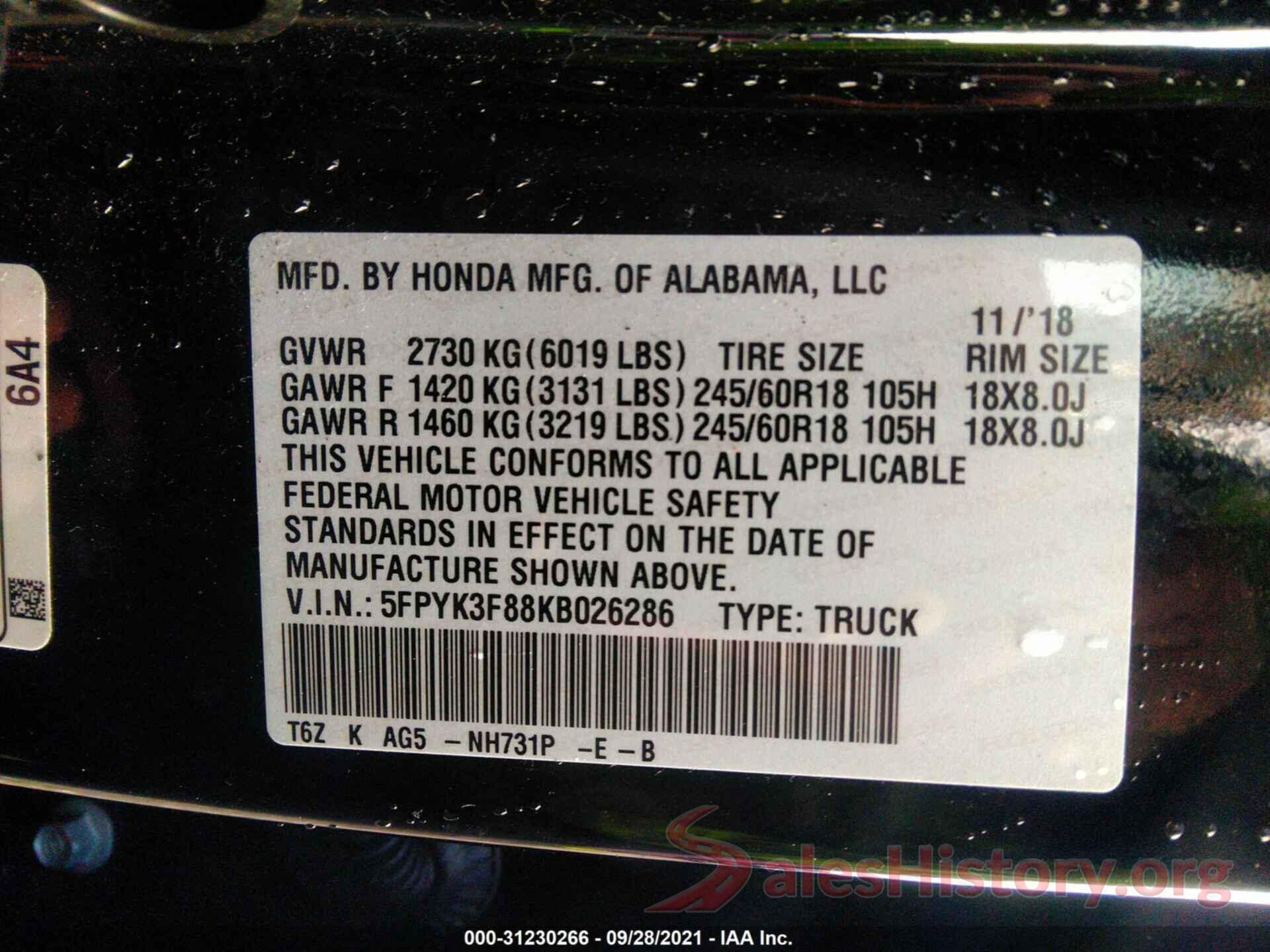 5FPYK3F88KB026286 2019 HONDA RIDGELINE