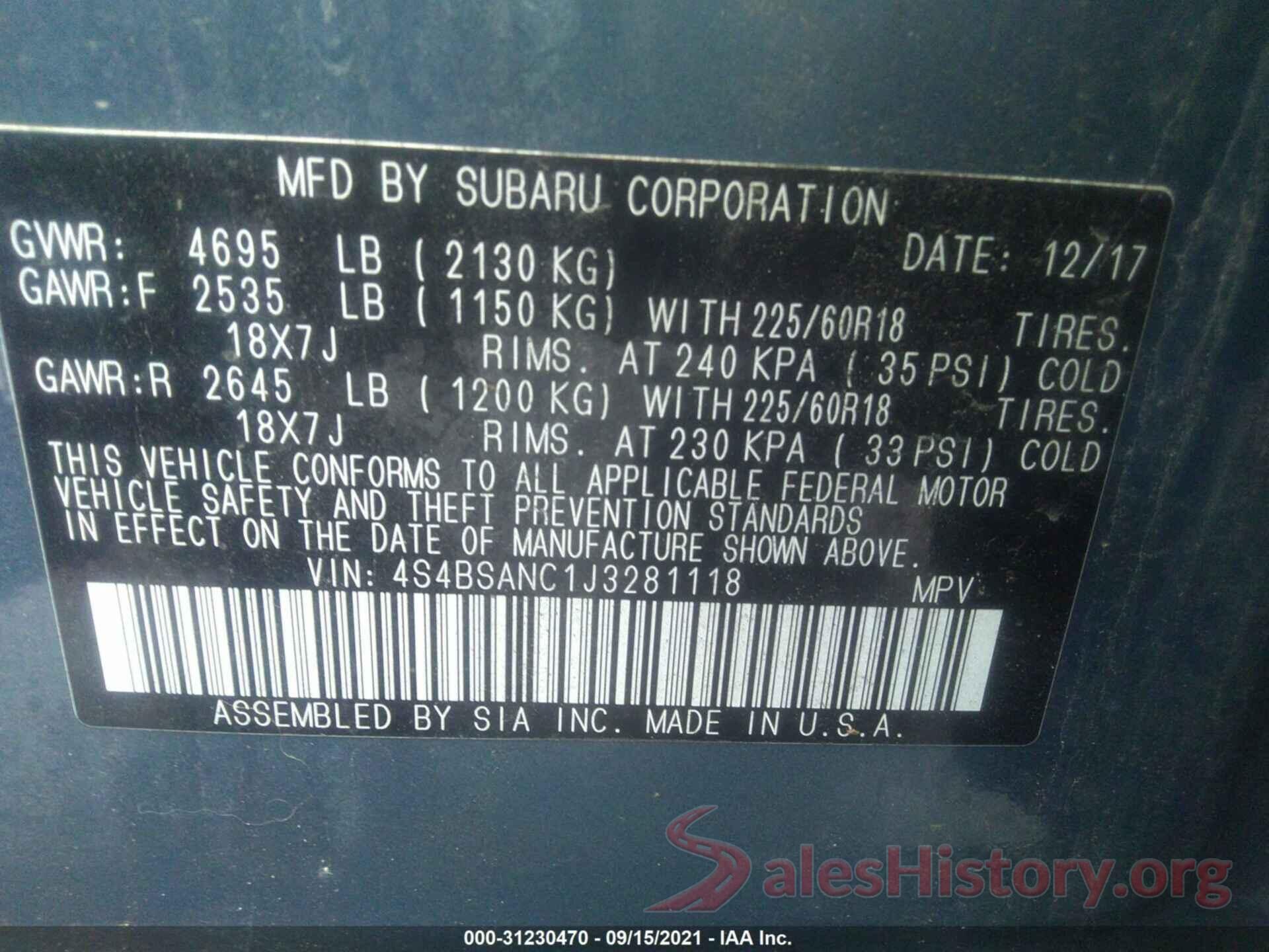 4S4BSANC1J3281118 2018 SUBARU OUTBACK