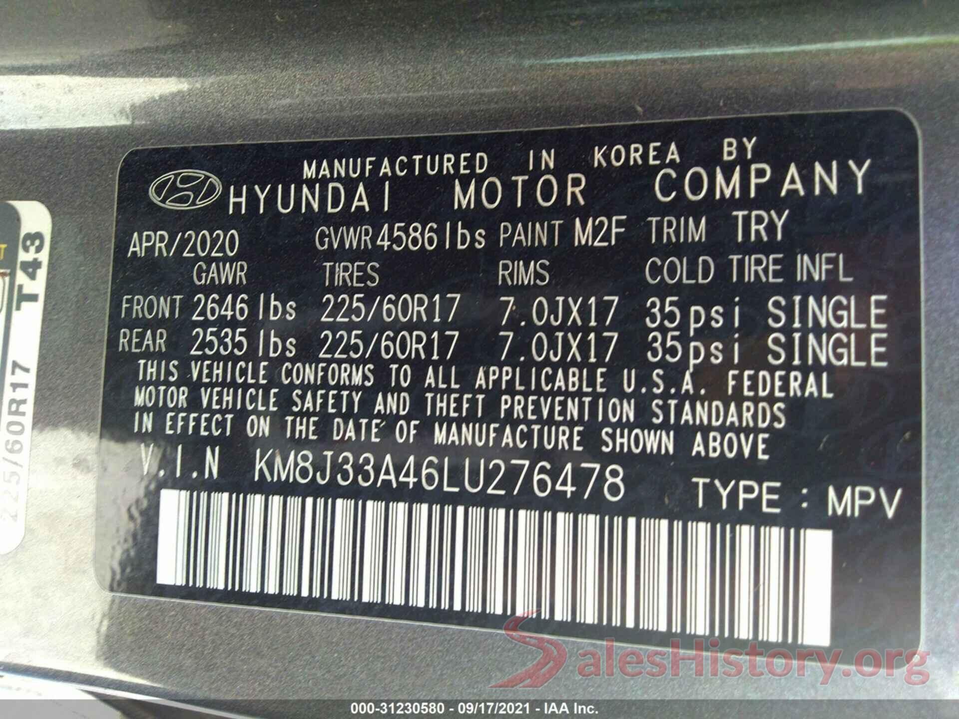 KM8J33A46LU276478 2020 HYUNDAI TUCSON