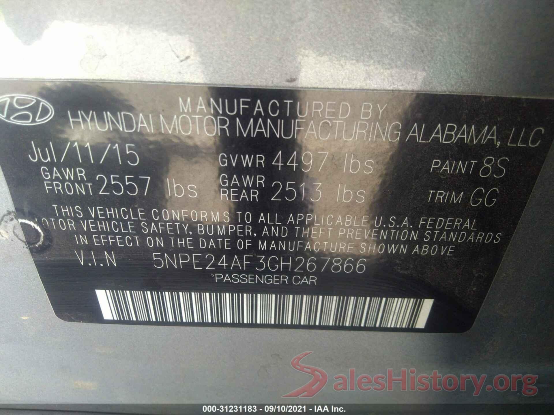 5NPE24AF3GH267866 2016 HYUNDAI SONATA